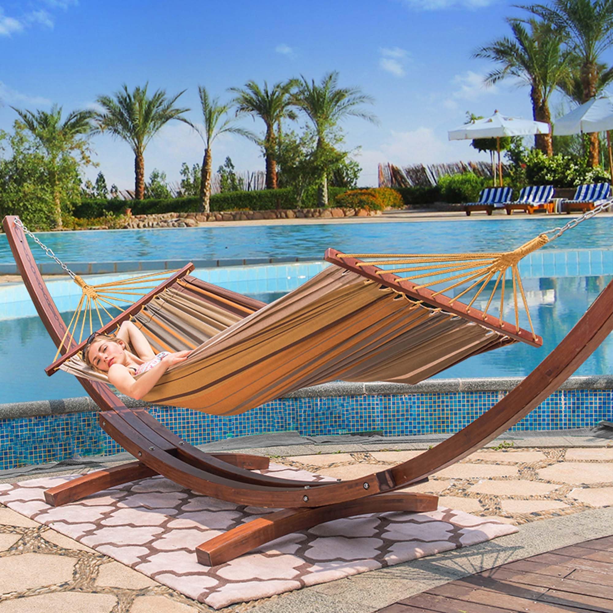 12 FT Outdoor Arc Wood Hammock Stand for 2 Person - Russian Pine Hardwood with Carabiners & Chains - 450lb Capacity - Perfect for Patio, Garden, Yard & Poolside Relaxation (Brown)