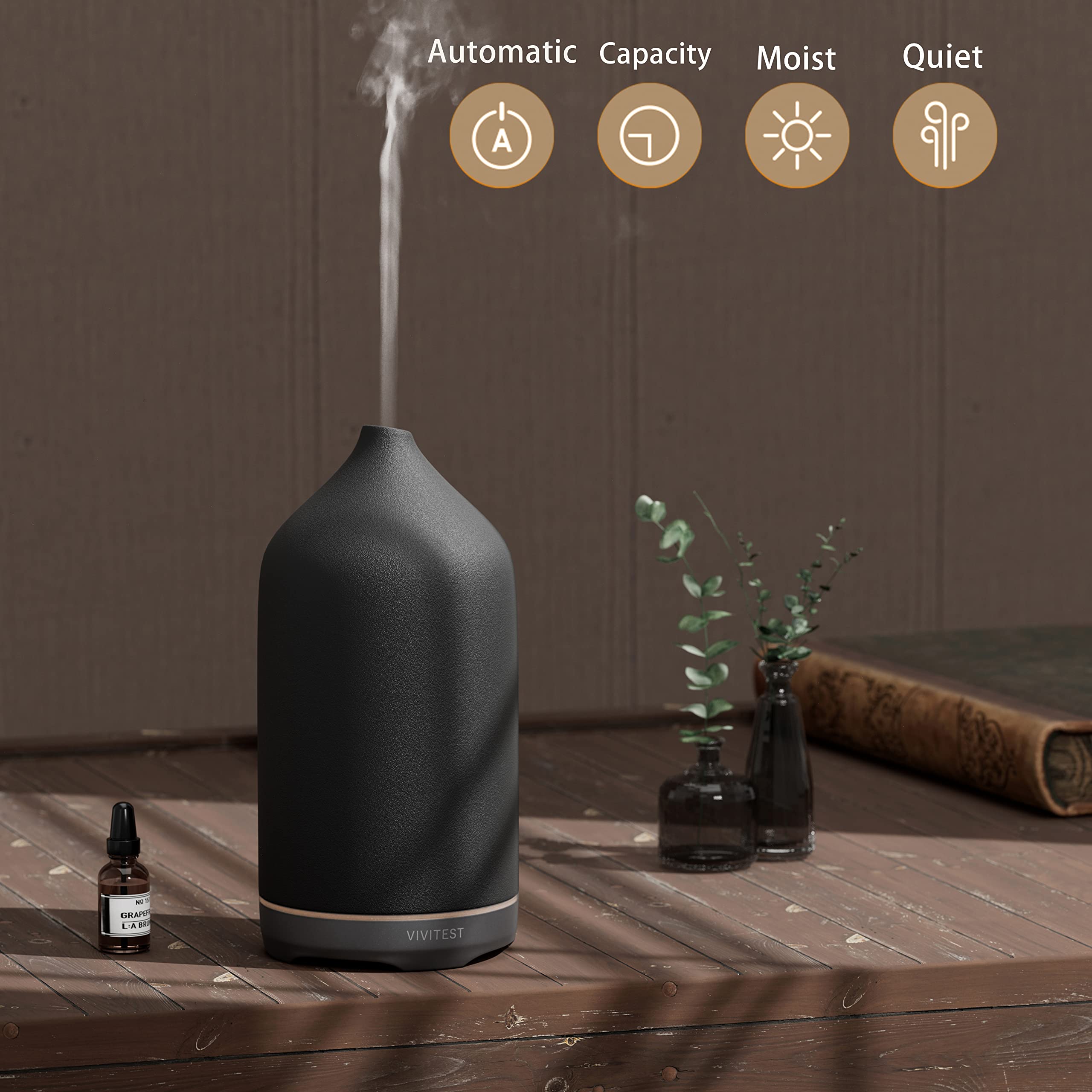 VIVITEST 250ML Black Ceramic Essential Oil Diffuser for Home - Stone Aromatherapy Diffuser for Relaxation, Yoga & Spa - Perfect for Bedroom, Office & Living Room