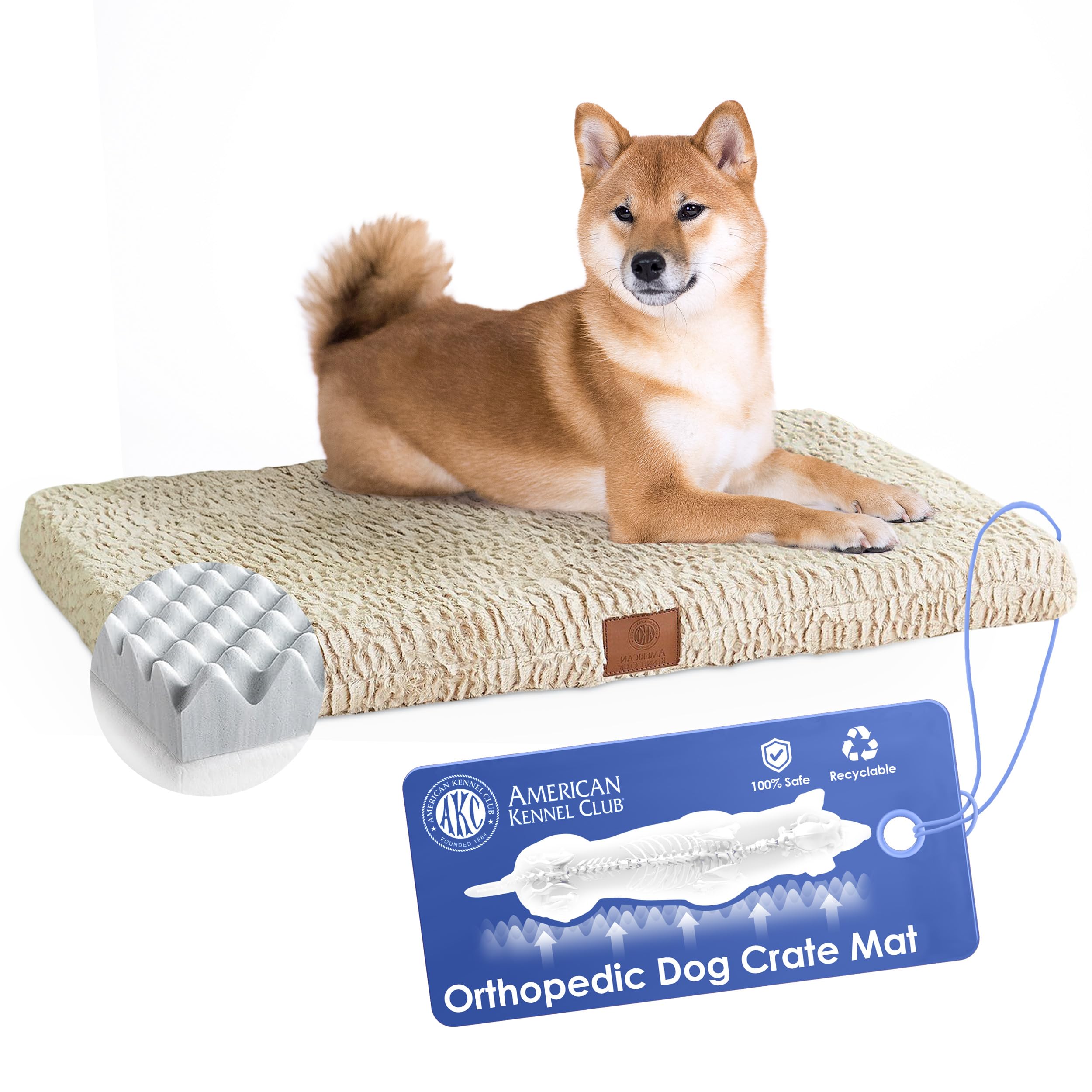 AKC Orthopedic Memory Foam Dog Bed for Large Dogs - 36x23 Inch Washable Crate Mat with Egg Crate Foam & Non-Slip Bottom - Joint Pain Relief Pet Bed for Arthritis - Breathable & Durable Tan Kennel Pad - Perfect for Crates, Floors & Senior Dogs