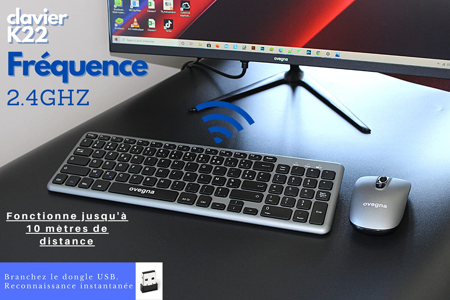 Ovegna K22 Wireless Keyboard and Mouse Combo, 2.4Ghz AZERTY Layout for PC, Mac, Smart TV, Raspberry Pi, Laptop, Android Box - Compatible with Windows, Linux, macOS, Android - Perfect for Home Office, Gaming & Media Center Setup