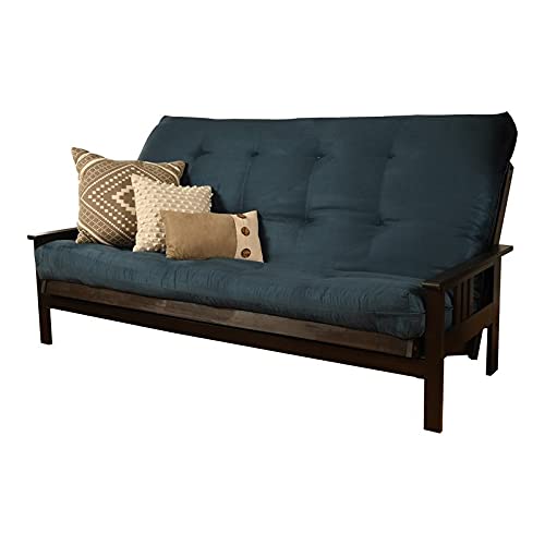 Pemberly Row Futon Frame with Blue & Espresso Fabric Mattress - Convertible Sofa Bed for Small Spaces, Guest Rooms & Dorm Living