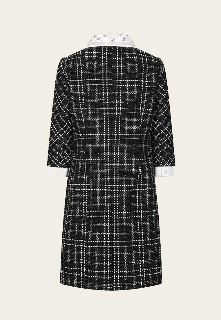 Elegant Black Tweed Dress with White Beaded Lapel - Perfect for Office, Cocktail Parties & Formal Events