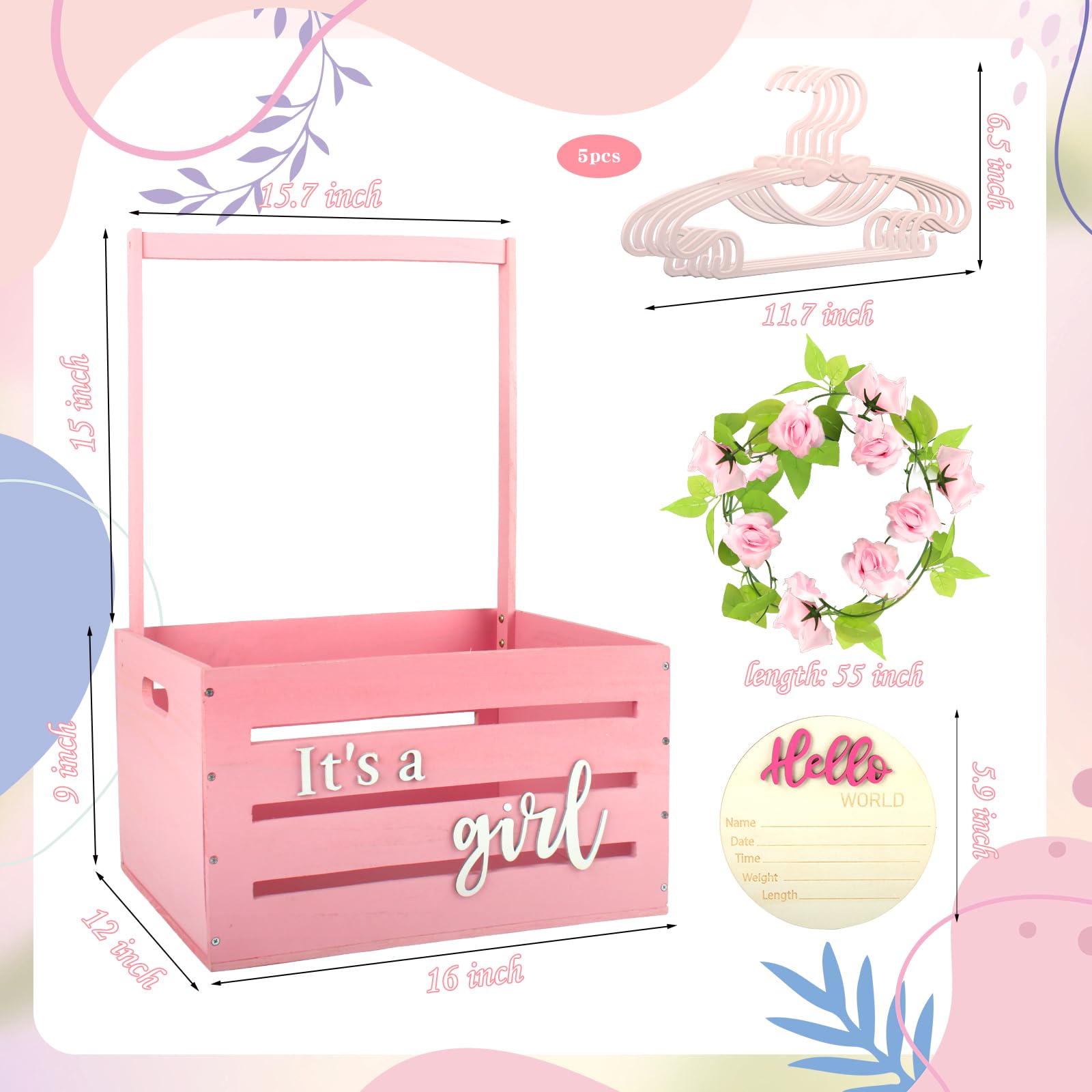 Pink Wooden Baby Shower Crate with Handle - Nursery Storage Organizer for Diapers, Toys & Baby Essentials | Perfect for Baby Showers, Gender Reveals & Nursery Decor