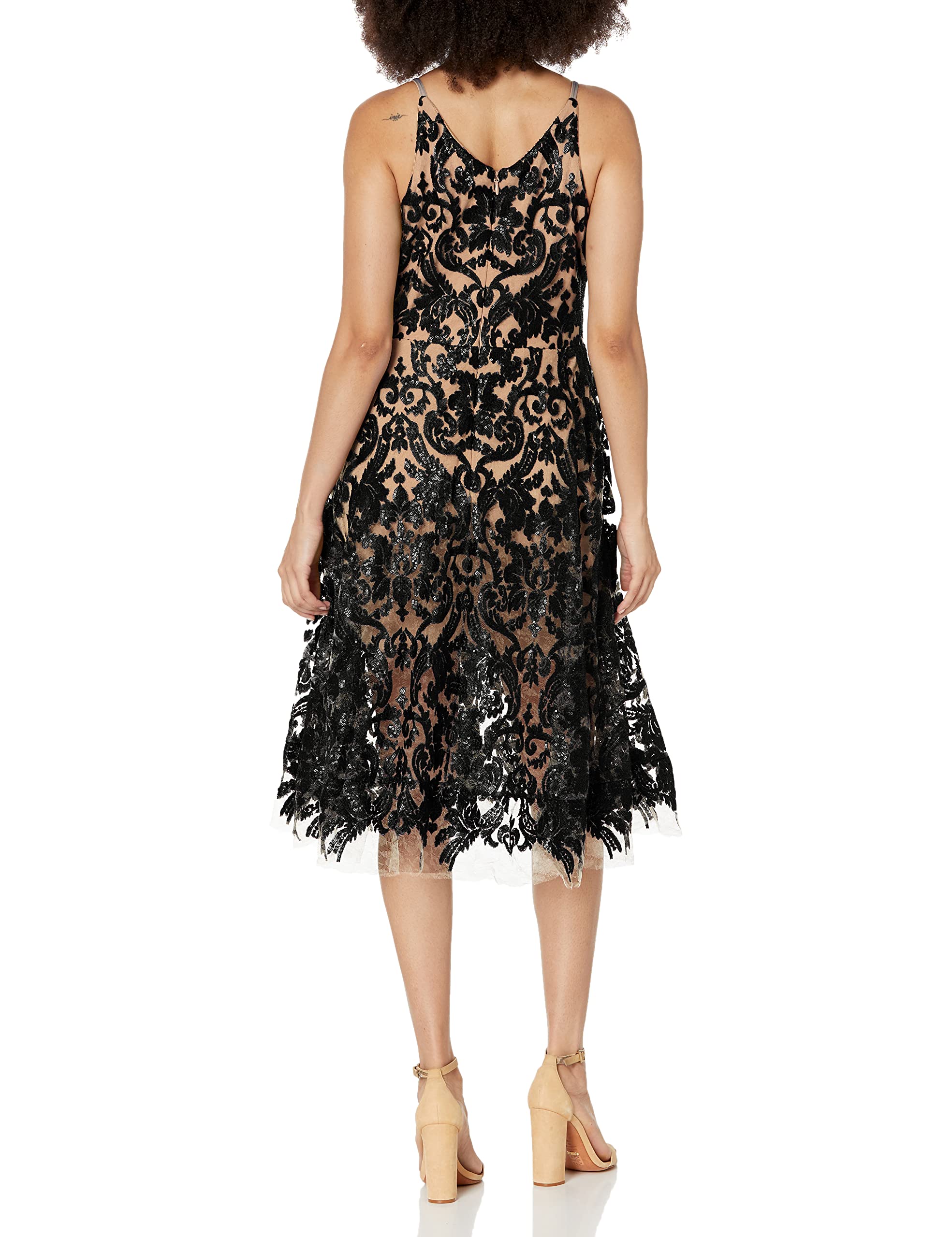 Dress the Population Women's Blair Plunging V-Neck Fit & Flare Midi Dress - Elegant Cocktail Party & Wedding Guest Dress
