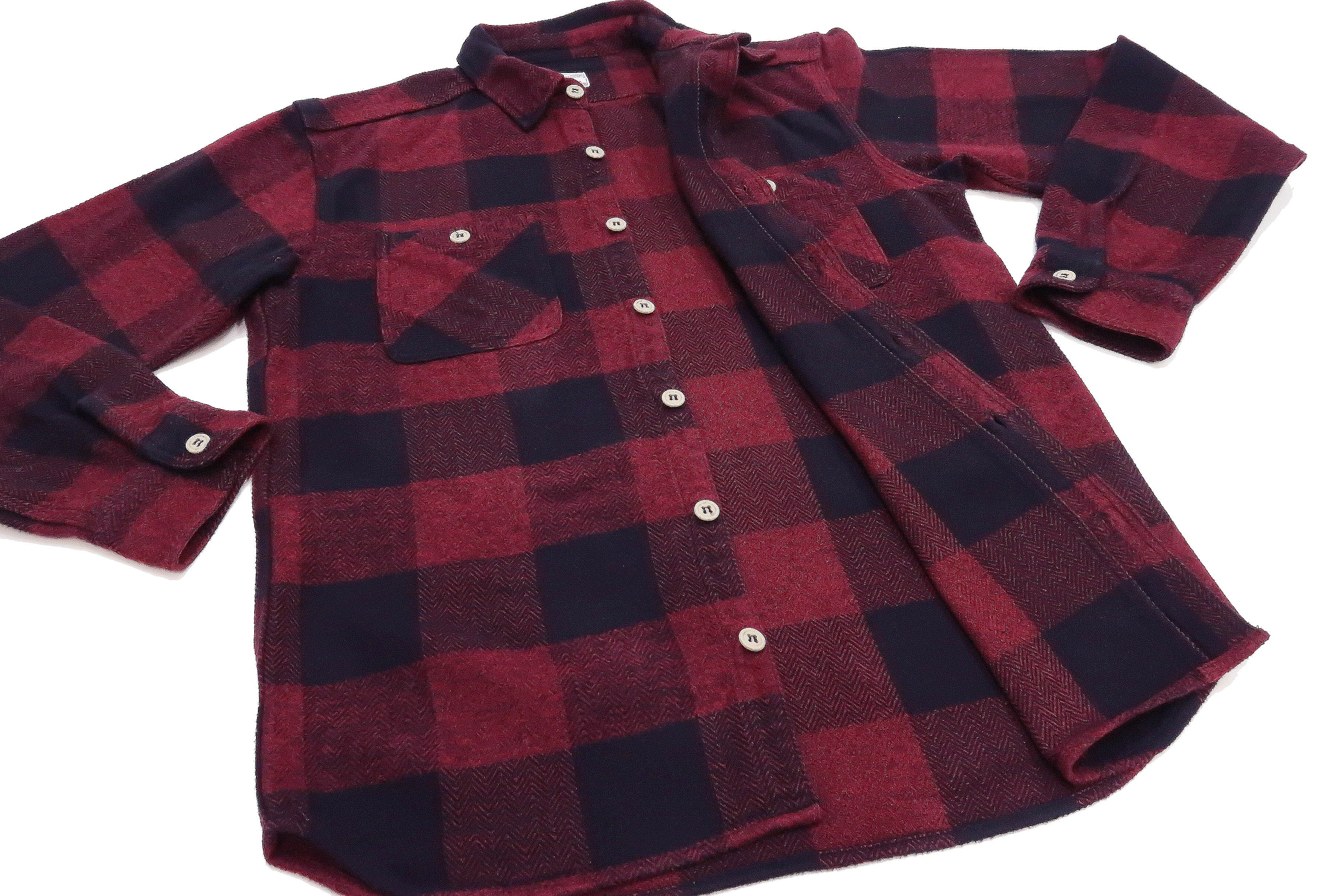 Momotaro Men's Flannel Shirt - Herringbone Twill Buffalo Plaid Long Sleeve Work Shirt (MLS1020M23) Red/Black - Perfect for Outdoor Work, Casual Wear & Winter Layering