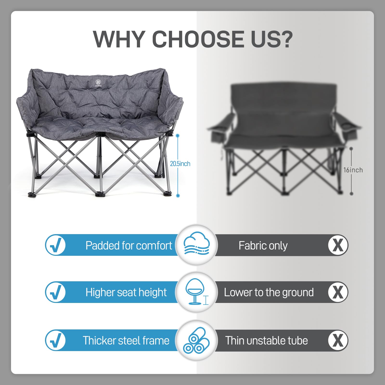 EVER ADVANCED Heavy Duty Double Camping Chair for Adults - 600lbs Capacity Padded Folding Love Seat with Side Pocket & Cushion - Portable Outdoor Bench for Couples, Picnics, Beach, Camping & Backyard Relaxation