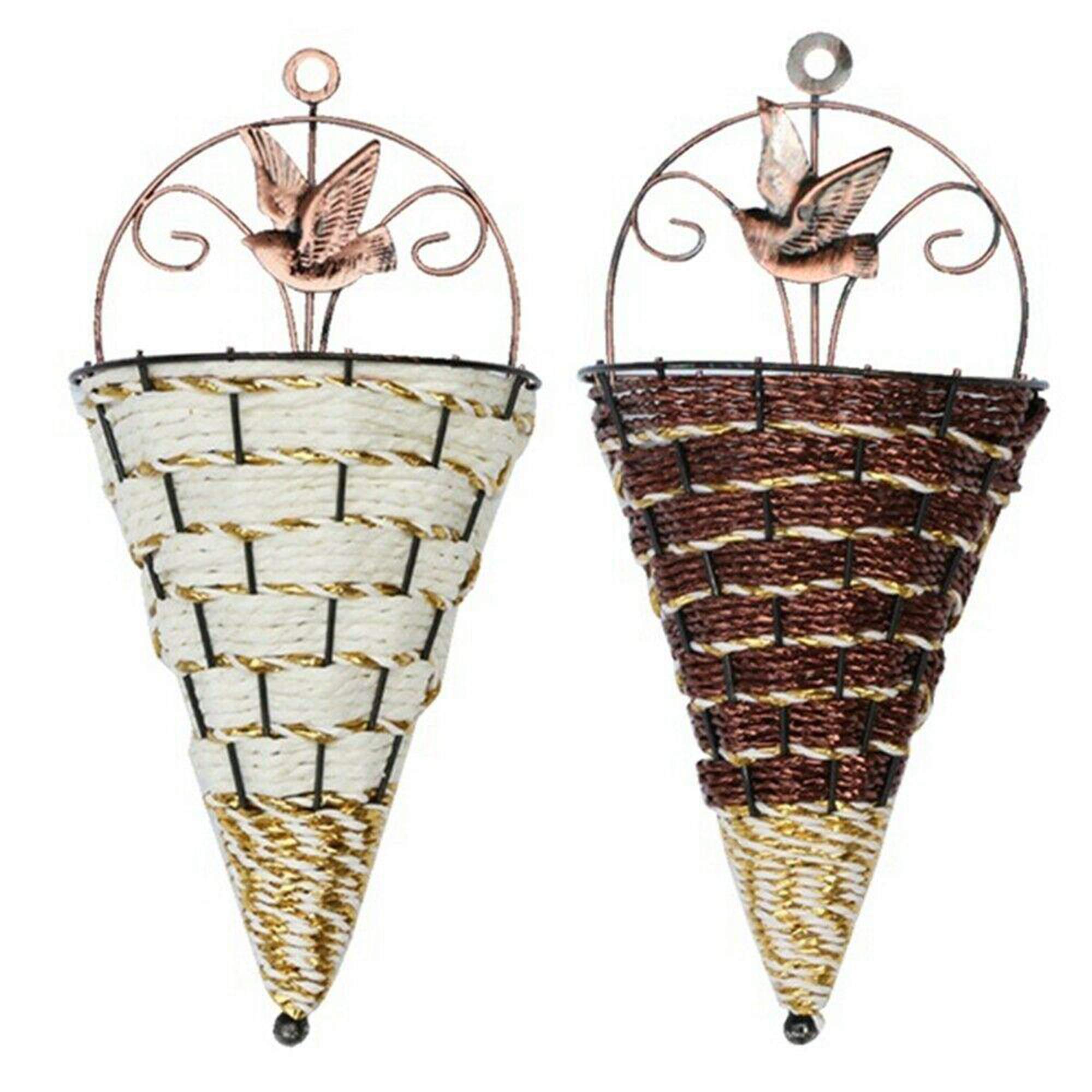 EOPER 2 Pack Metal Hanging Planters with Rattan Liner - Handmade Indoor Outdoor Wall Mounted Flower Basket for Garden, Porch, Balcony Decor (White & Brown) - Perfect for Home, Office, and Patio Greenery Display