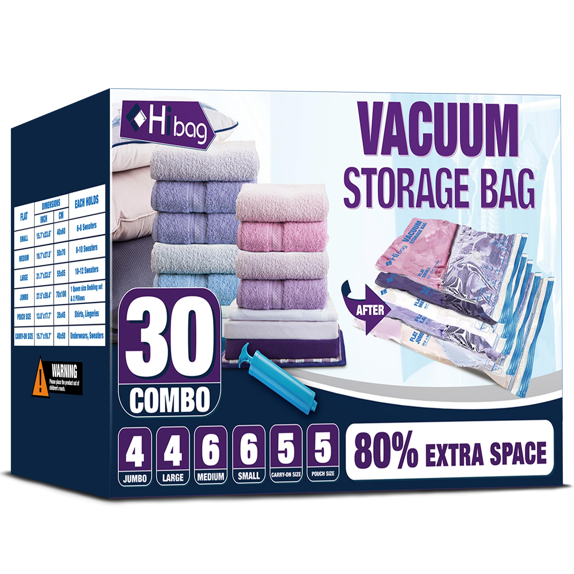 HIBAG Vacuum Storage Bags 30-Pack - Space Saving Vacuum Seal Bags for Clothes, Comforters, Blankets & Seasonal Storage | Perfect for Travel, Moving & Home Organization