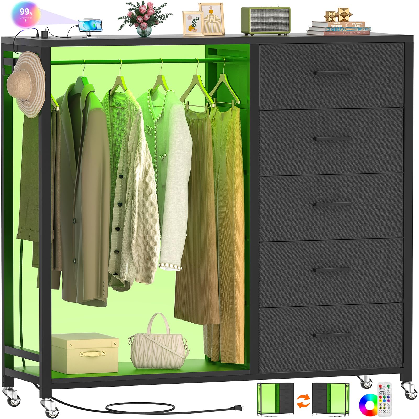 Cyclysio 5-Drawer Dresser with Clothes Rack, Charging Station & LED Lights - Black Storage Chest with Wheels & Wooden Top for Bedroom & Closet Organization | Perfect for Small Spaces, Dorm Rooms & Apartment Living