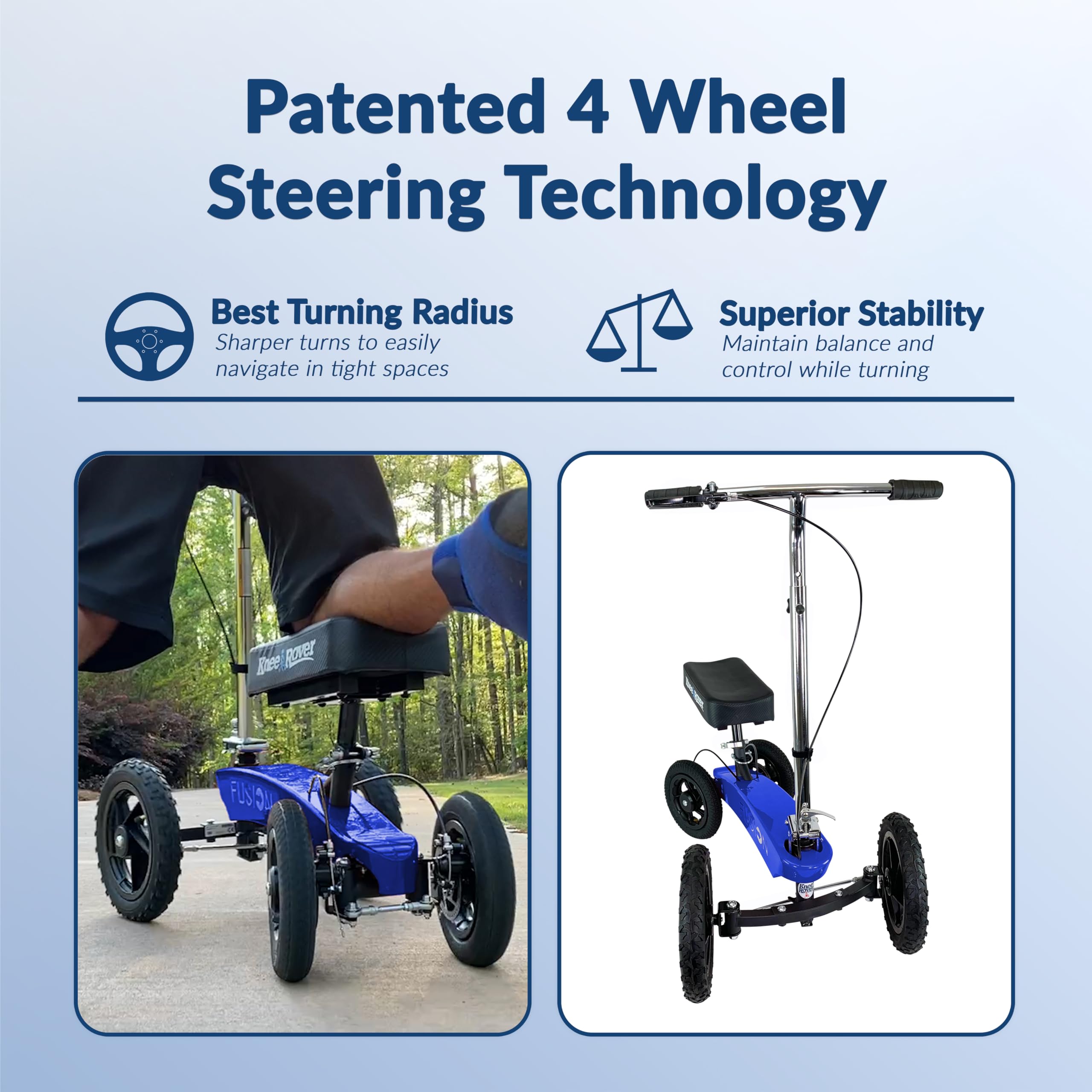 KneeRover All Terrain Fusion 4-Wheel Steering Knee Scooter - Heavy Duty Knee Walker for Adults After Foot Surgery, Broken Ankle or Foot Injuries - Ideal for Indoor/Outdoor Mobility & Recovery