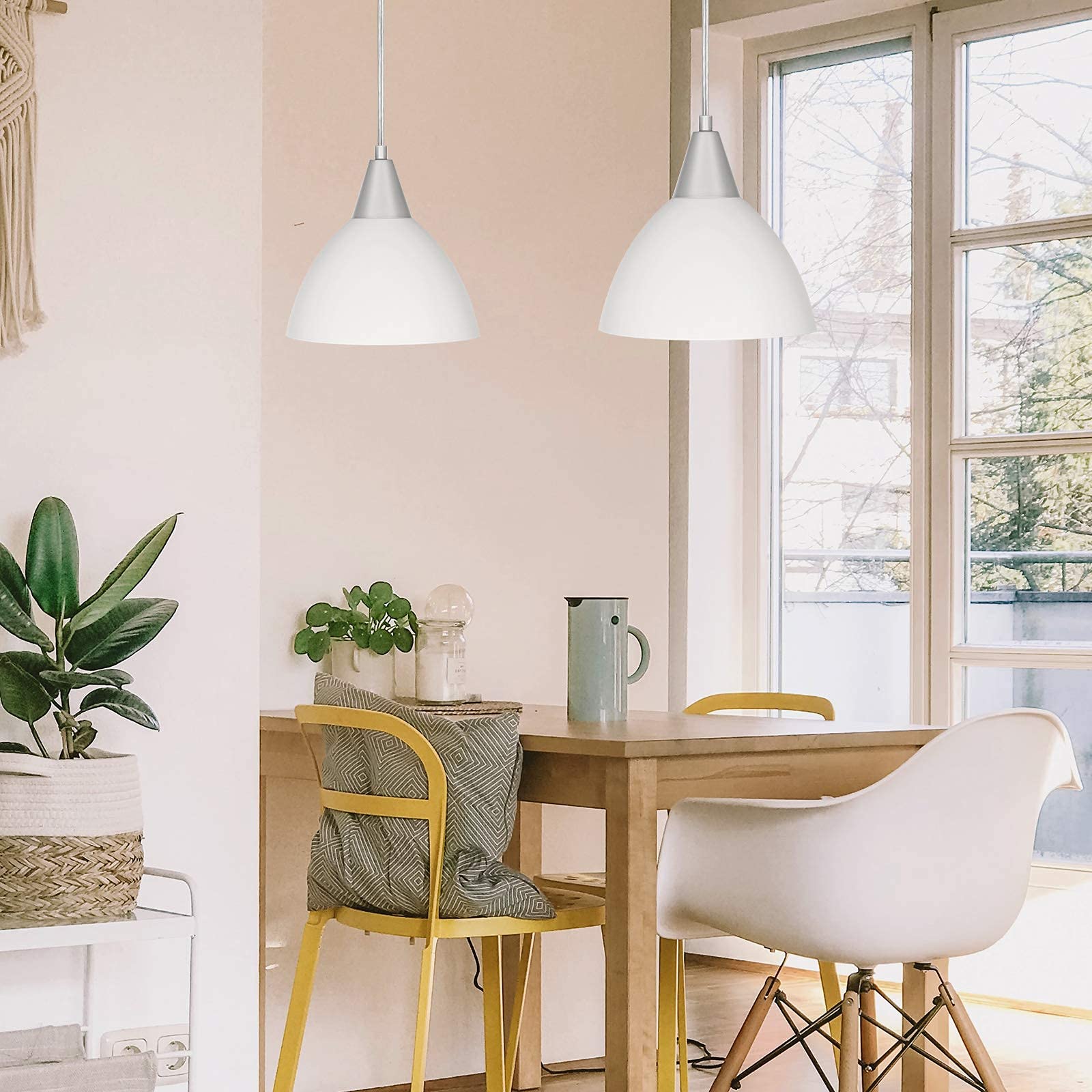 DEWENWILS Plug-in Pendant Light with 15Ft Clear Cord & On/Off Switch - 2 Pack Frosted White Plastic Shade Hanging Ceiling Light for Living Room, Bedroom, Dining Room - Perfect for Modern Home Decor & Cozy Ambiance