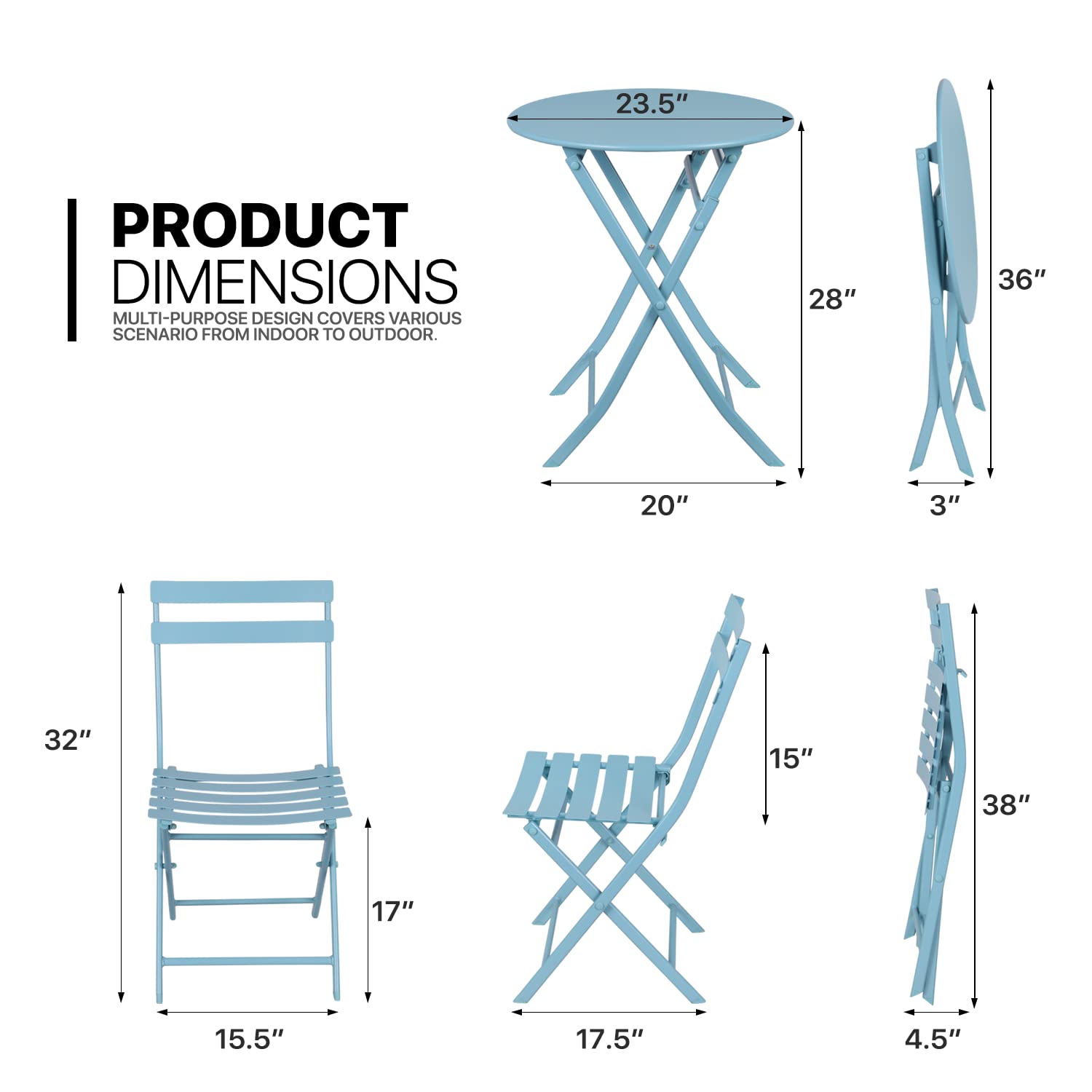 MoNiBloom 3-Piece Outdoor Bistro Set - Foldable Metal Patio Furniture with Round Table & Chairs for Porch, Yard, Balcony, Garden - Blue | Perfect for Small Spaces, Coffee Breaks & Outdoor Dining