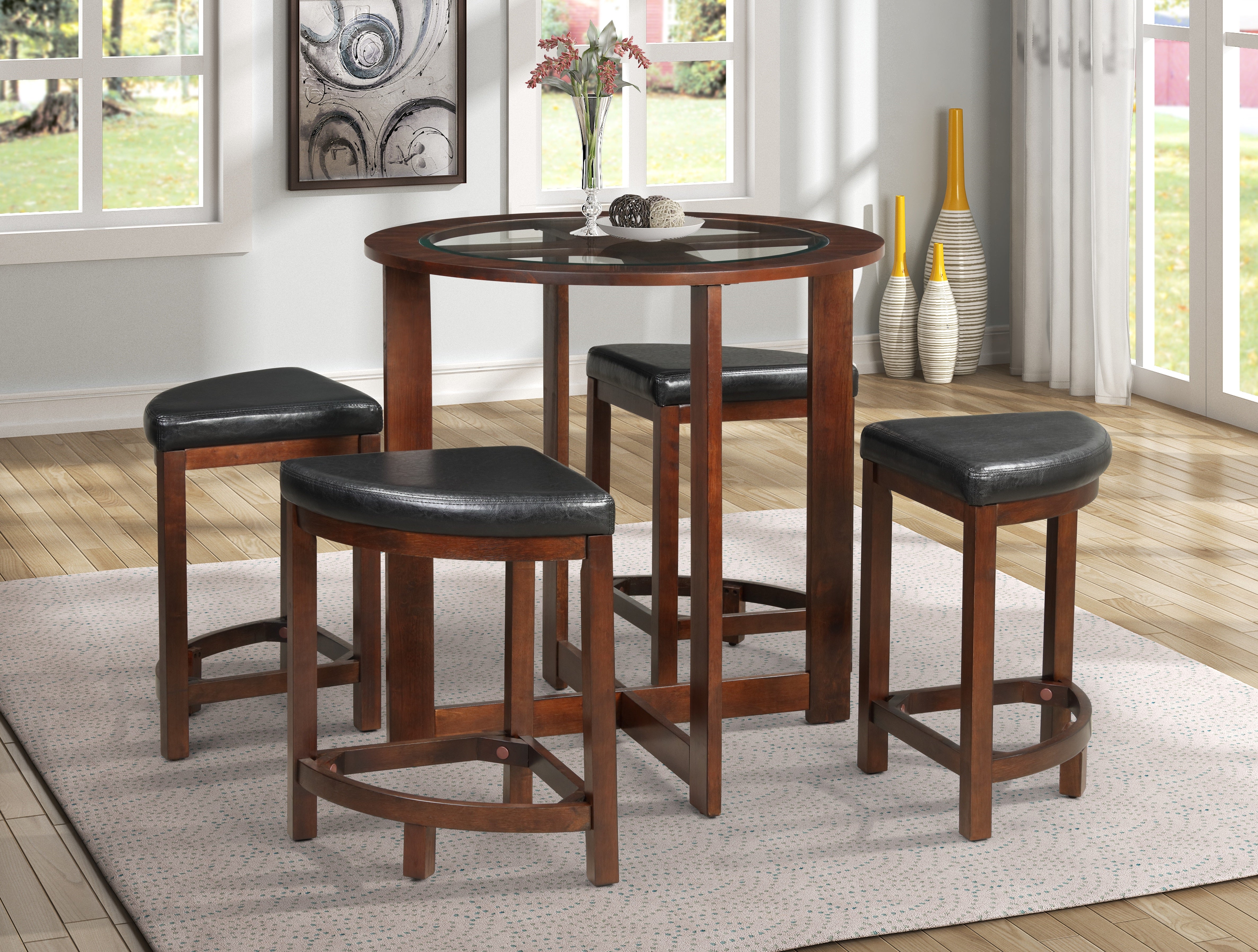Roundhill Furniture Cylina Solid Wood Glass Top Round Counter Height Dining Table with 4 Bar Stools - Perfect for Kitchen, Breakfast Nook & Small Space Dining