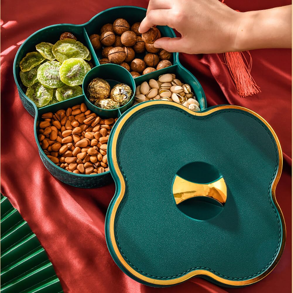 5-Compartment Divided Serving Tray with Lid - Airtight Food Storage Container for Christmas Party, Veggies, Snacks, Fruits, Nuts, Candy & Cookies | Perfect for Holiday Entertaining, Picnics & Kitchen Organization (Green)