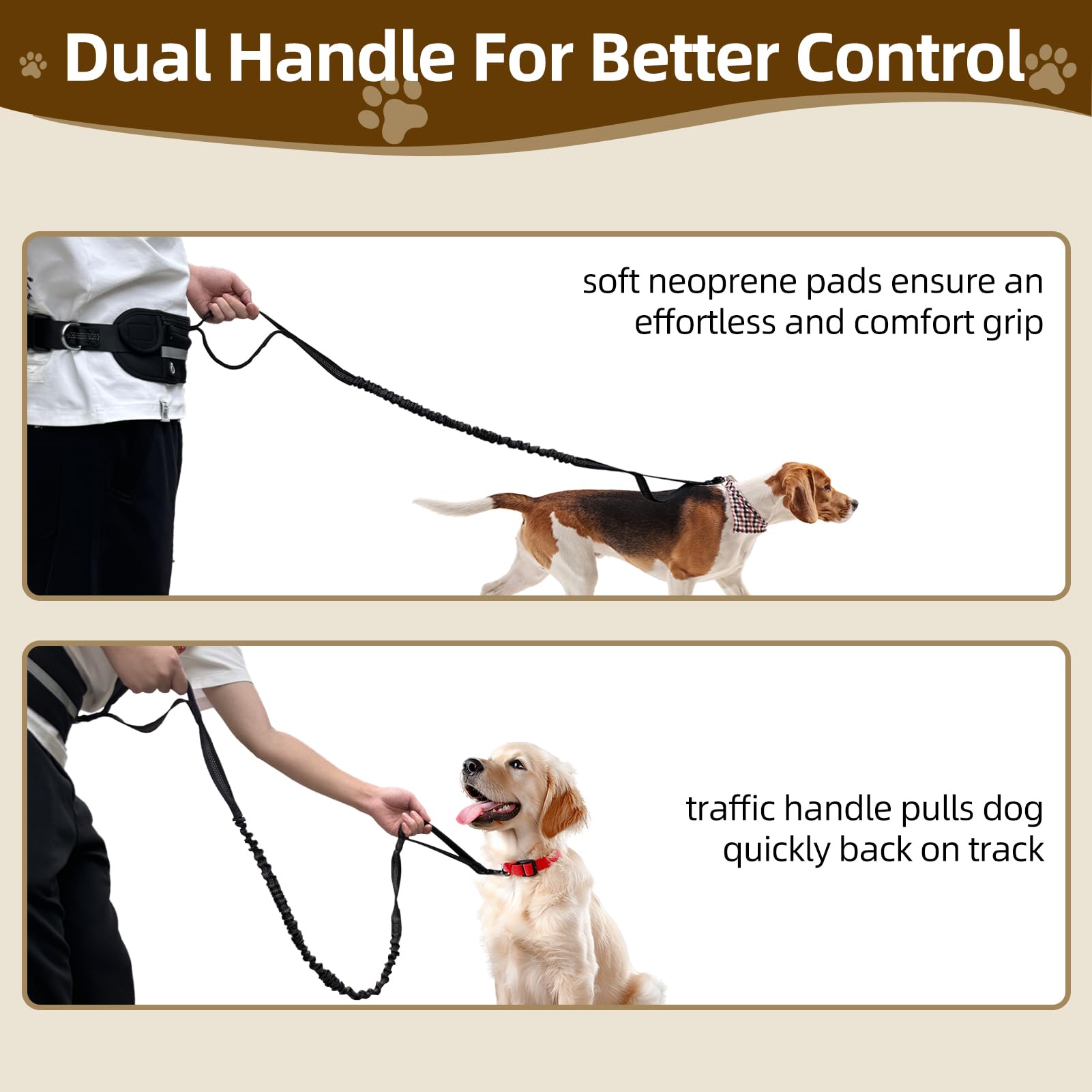 Hands Free Dog Leash with Zipper Pouch - Dual Padded Handle Waist Belt for Small & Medium Dogs | Retractable Bungee Leash with Reflective Stitches | Perfect for Running, Walking, Jogging & Training (Black)