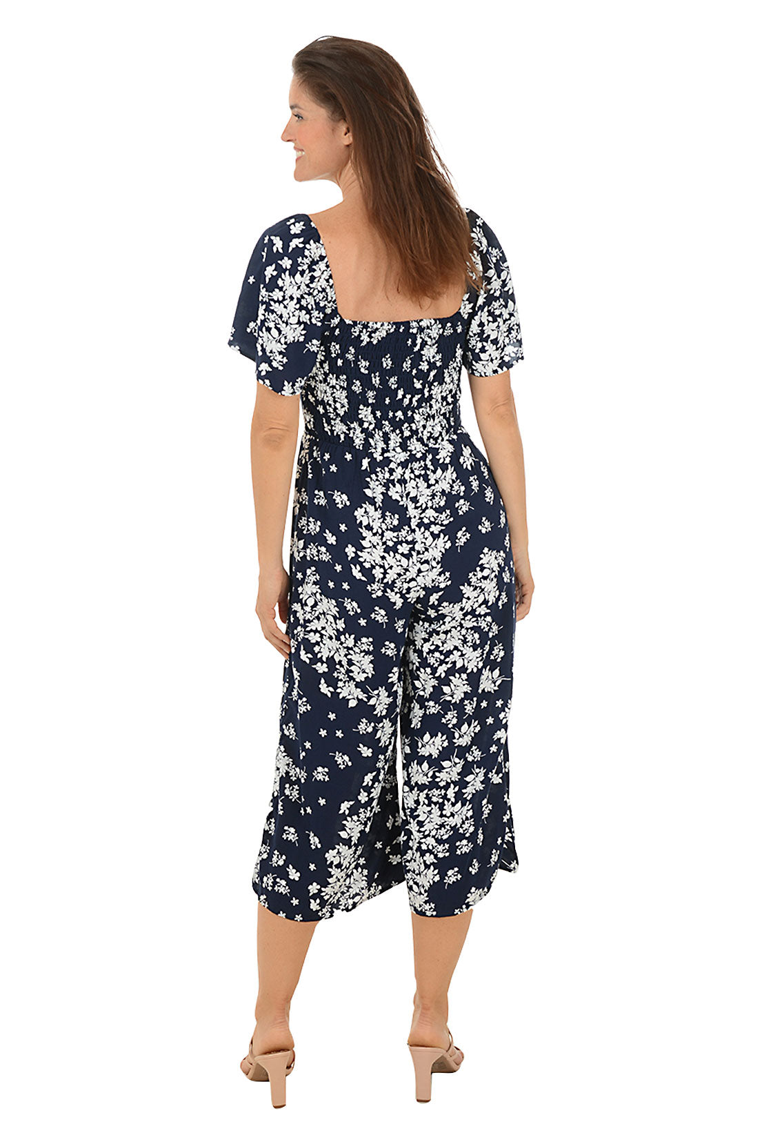 Navy Floral Square Neck Jumpsuit for Women - Elegant Floral Print Romper with Pockets | Perfect for Summer, Beach Vacation, and Casual Outings