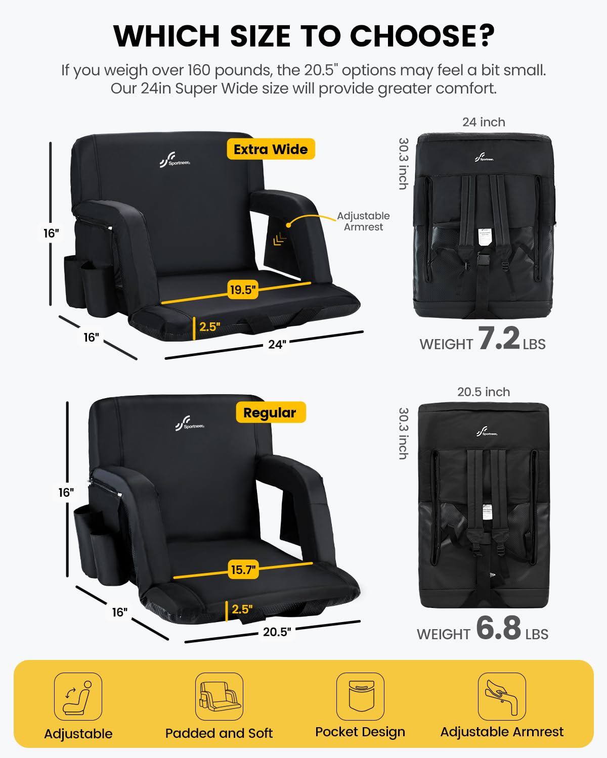 Sportneer Extra Wide Stadium Seats with Back Support - 2 Pack Padded Bleacher Chairs with Armrests & 6 Reclining Positions - Comfortable Folding Stadium Seating for Sports Events, Camping, Concerts & Outdoor Activities