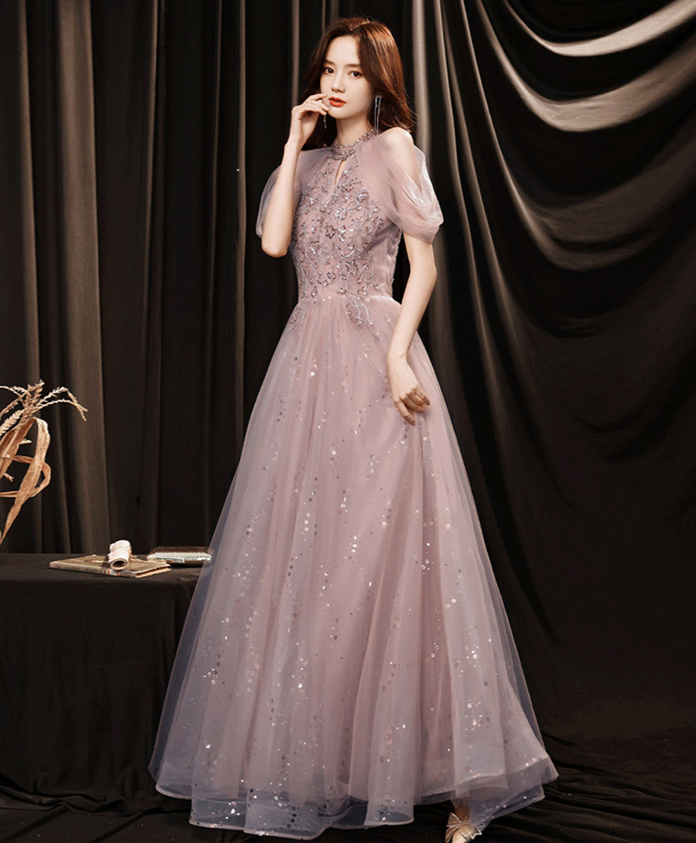 Elegant Pink Tulle Lace Sequin A-Line Long Prom Dress for Formal Graduation & Special Occasions | Perfect for Homecoming, Quinceañera & Evening Gala Events