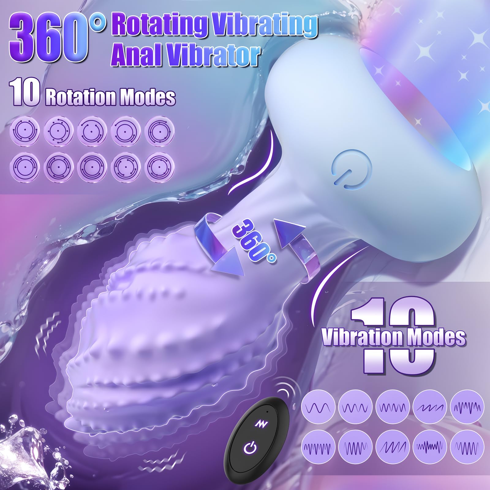 360° Rotating Vibrating Anal Plug with Remote Control - Prostate Massager for Men & Women, 10 Vibration Modes & LED Light - Adult Sex Toy for Couples, Solo Play & BDSM Exploration