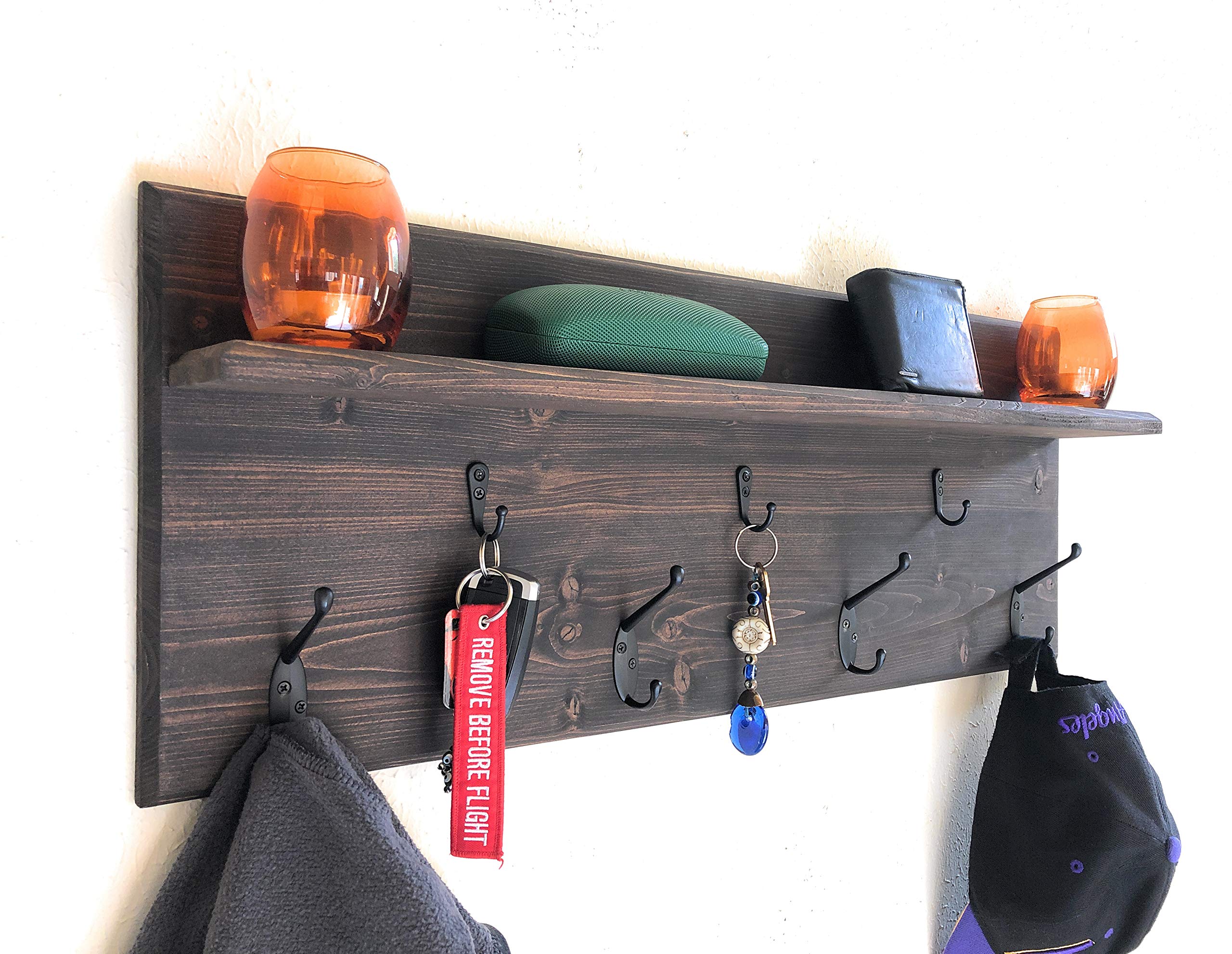 Dark Brown Wall Organizer Shelf - Coat Hanger, Key Holder & Storage Rack for Entryway, Bedroom & Mudroom Organization