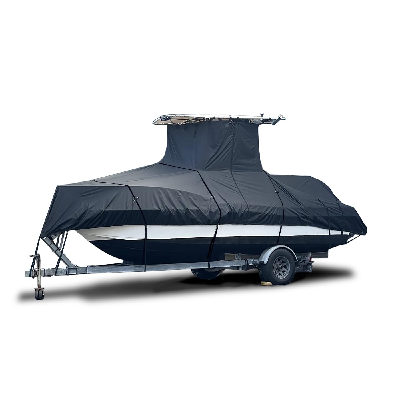 Elite Shield Heavy Duty T-Top Boat Cover - Waterproof & UV Resistant Storage Cover for 24ft to 26ft Center Console Boats with T-Top or Hard-Top (Black, Size 4: 24'-26' Length, 112