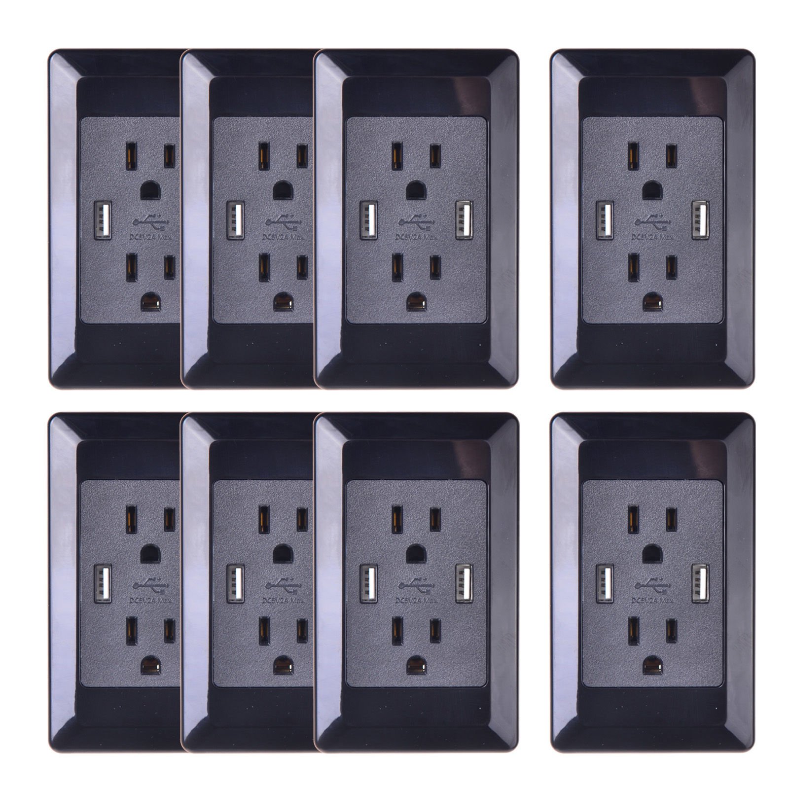SuperInk 8-Pack AC Power Outlet with Dual USB Charger - 15A/2A USB Wall Socket Adapter, ETL Certified (Black) - Perfect for Home, Office & Travel Charging Needs