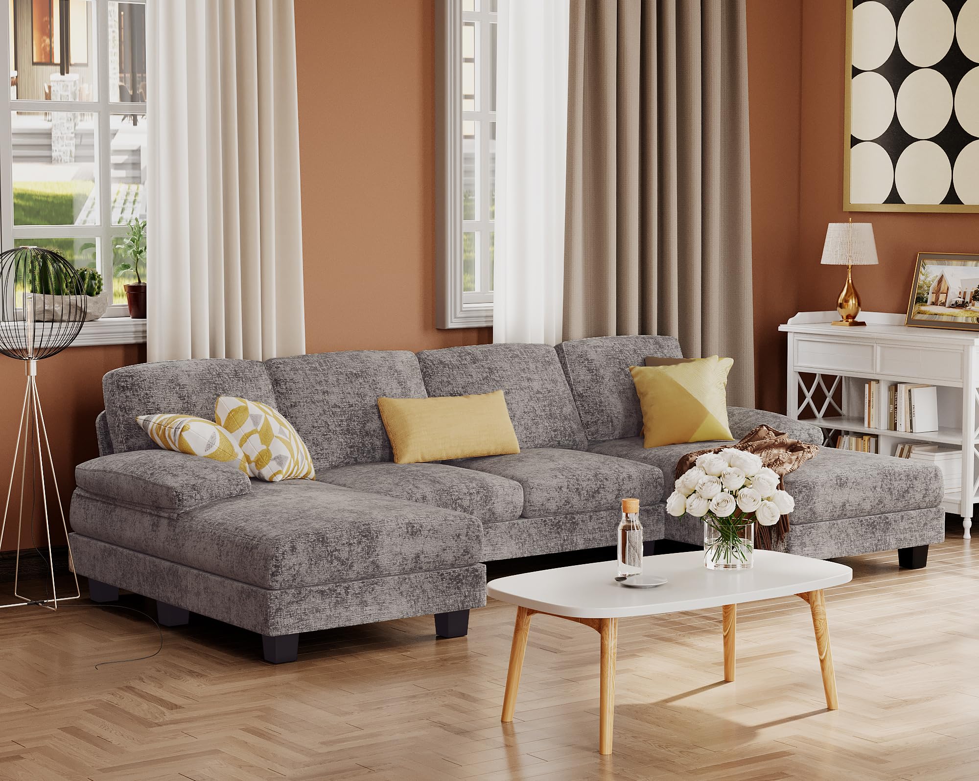Furmax U-Shaped Sectional Sofa with Linen Fabric, 4-Seat Living Room Couch Set with Double Chaise Lounge - Modern Grey Fabric Sofa for Apartments & Small Spaces | Perfect for Family Gatherings, Movie Nights & Home Decor