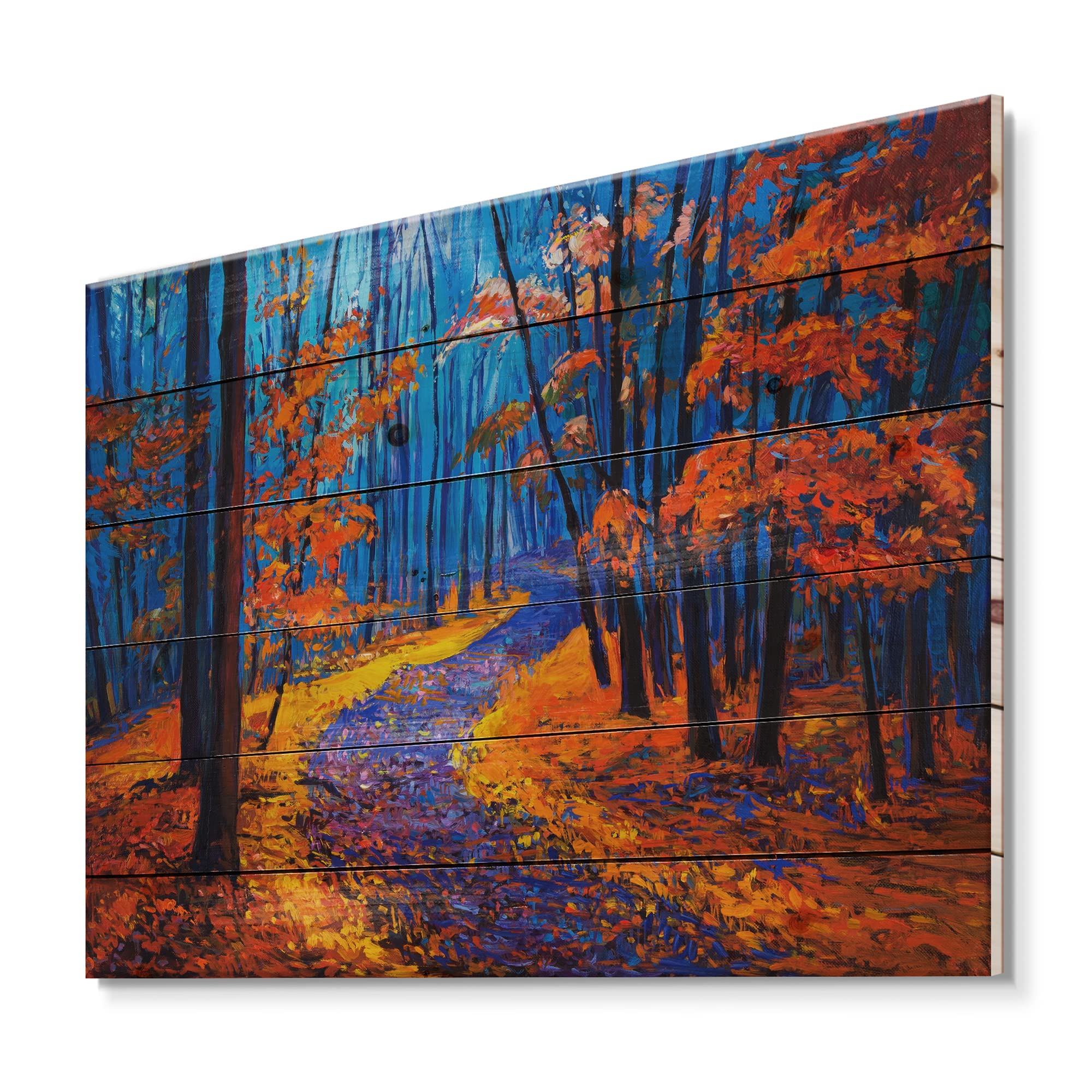 Orange Autumn Landscape Wood Wall Art - Traditional Pine Decor for Living Room
