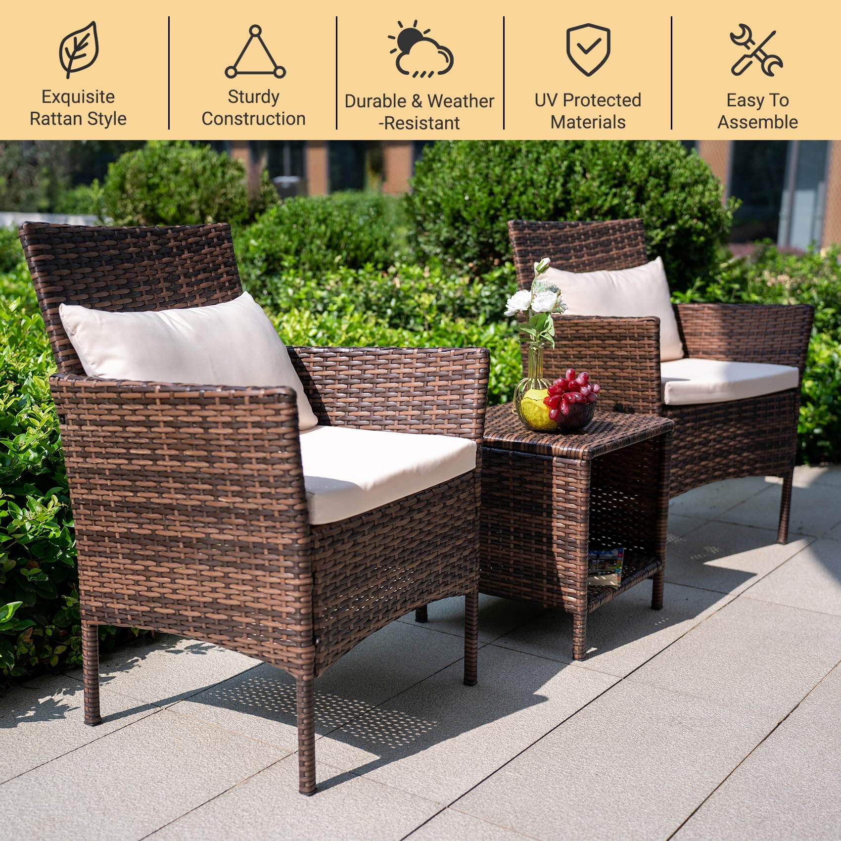 3-Piece Patio Conversation Bistro Set - Outdoor Wicker Chairs & Storable Table - Brown/Beige Balcony Furniture for Porch, Yard, Backyard & Apartment - Perfect for Relaxing, Entertaining & Small Space Living