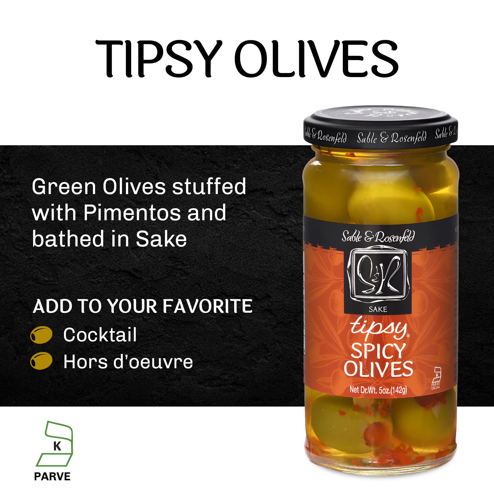 Spicy Green Olives Stuffed with Pimento in Sake - Premium Cocktail Garnish for Martinis, Bloody Marys & Charcuterie Boards - Sable & Rosenfeld Tipsy Olives - 5 Oz (Pack of 3) - Perfect for Home Bars, Parties & Gourmet Gifts