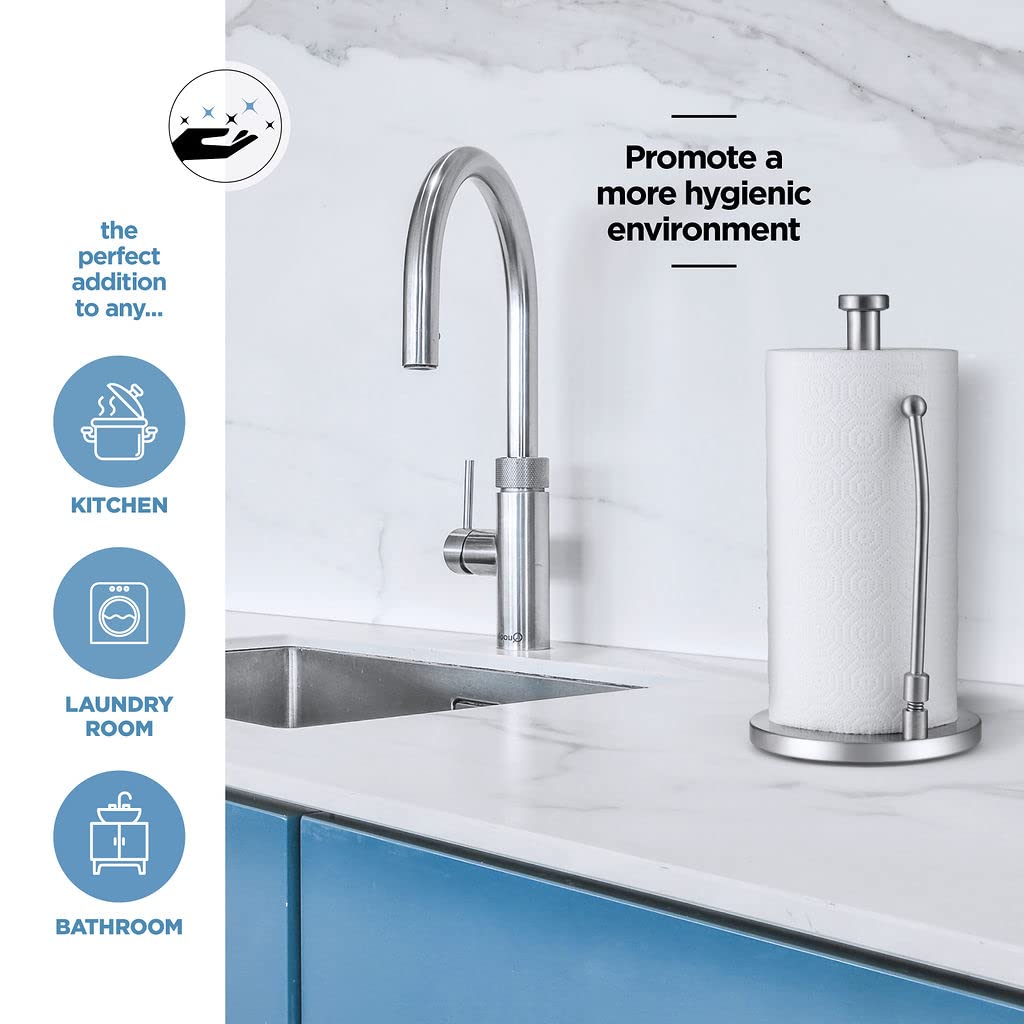 Sagler Stainless Steel Paper Towel Holder - Adjustable Spring Arm & Weighted Base Standing Dispenser for Kitchen, Bathroom, Office | Durable & Space-Saving Design for Countertops & Cabinets