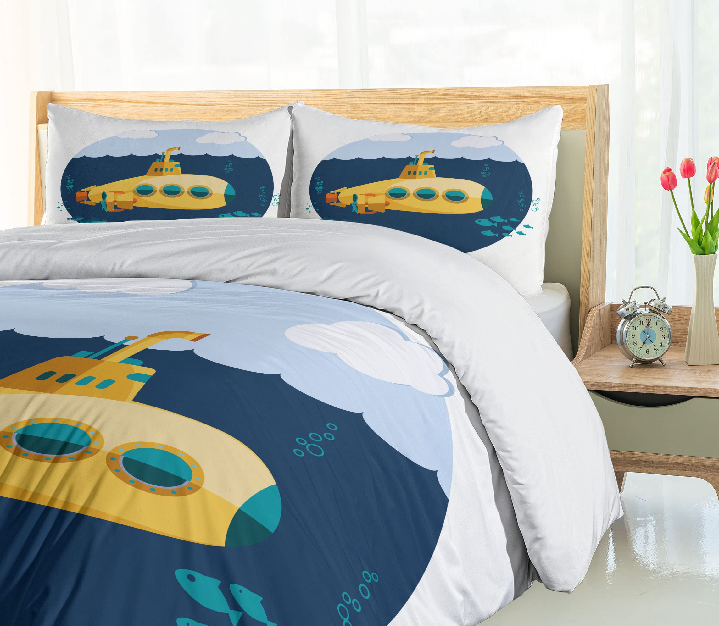 Ambesonne Yellow Submarine Duvet Cover Set - Underwater Themed 3-Piece Bedding with 2 Pillow Shams, California King Size in Earth Yellow & Navy Blue | Nautical Decor for Kids' Room, Beach House or Submarine-Themed Bedroom