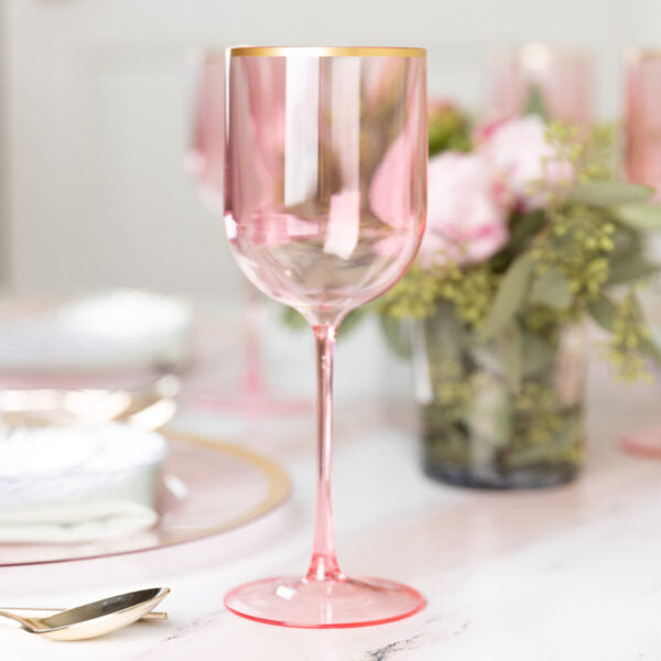 12 Oz Pink Gold Rim Plastic Wine Goblets - Set of 5 Shatterproof Cups for Parties, Weddings, and Outdoor Events - Elegant Disposable Drinkware for Cocktails, Champagne, and Beverages