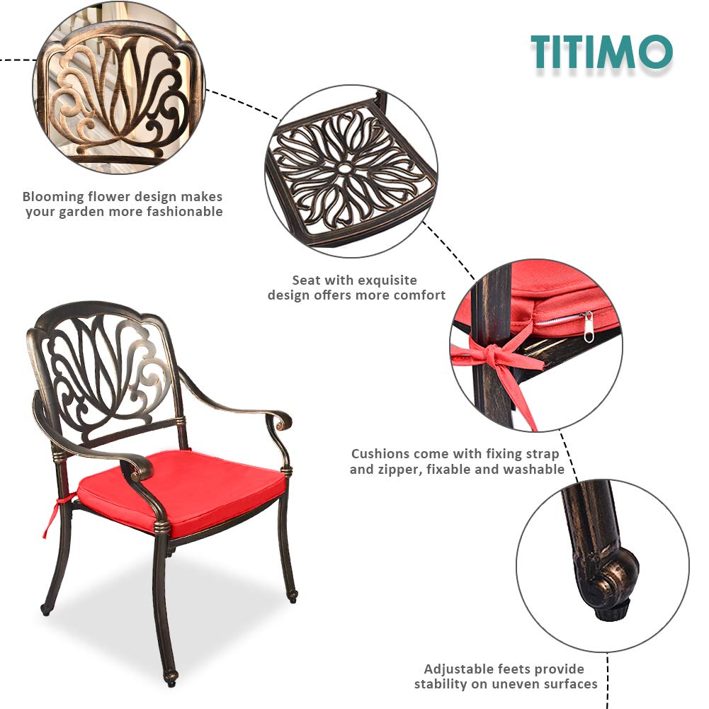TITIMO 3-Piece All-Weather Outdoor Dining Set - Cast Aluminum Round Table & Chairs with Cushions & Umbrella Hole - Patio, Garden, Deck Furniture for Backyard, Poolside & Outdoor Entertaining (Red)