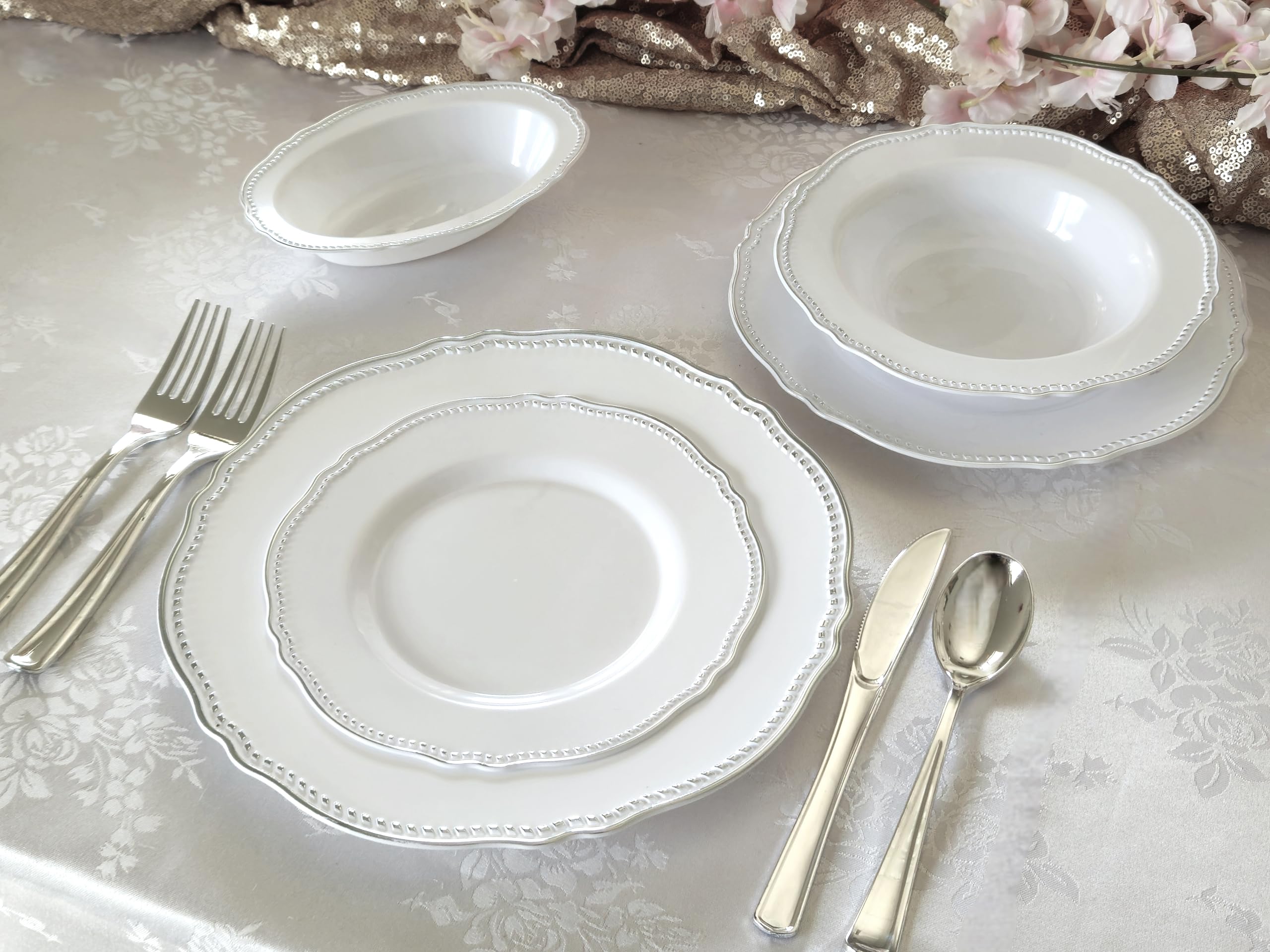 40-Pack Heavyweight Disposable Plastic Plates for Weddings & Parties - 10.25'' Elegant Rochelle White & Silver Dinner Plates - Perfect for Wedding Receptions, Birthday Parties & Special Events