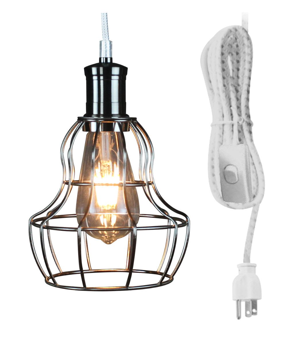 17' Brushed Nickel Plug-In Swag Light with Polished Nickel Cage & Dimmable LED - White/Grey Pendant Lighting for Dining Room, Bedroom or Kitchen | Home Concept