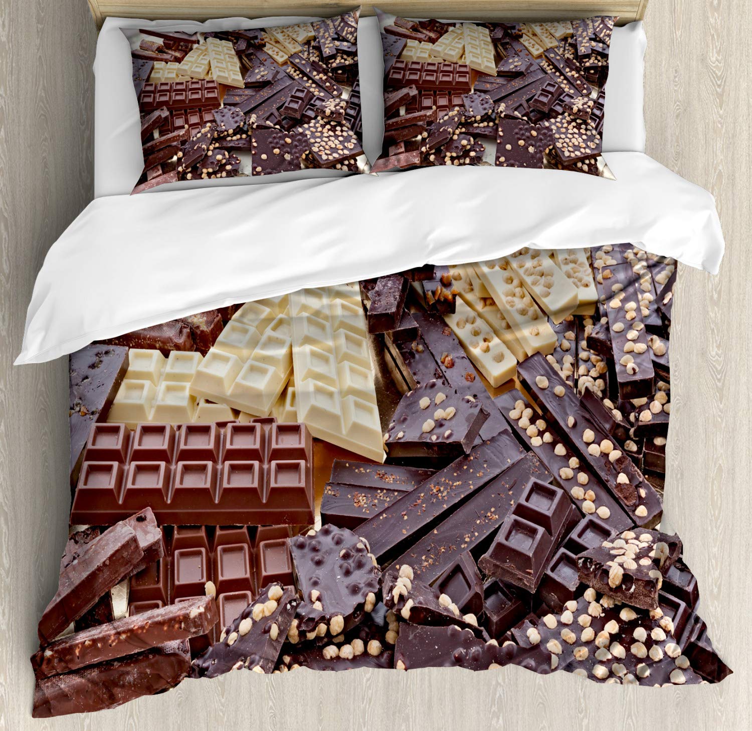 Ambesonne Chocolate Duvet Cover Set King Size - 3 Piece Bedding with 2 Pillow Shams, Black & White Chocolate Bar Print with Hazelnut Design in Dark Brown & Ivory - Perfect for Chocolate Lovers' Bedroom Decor