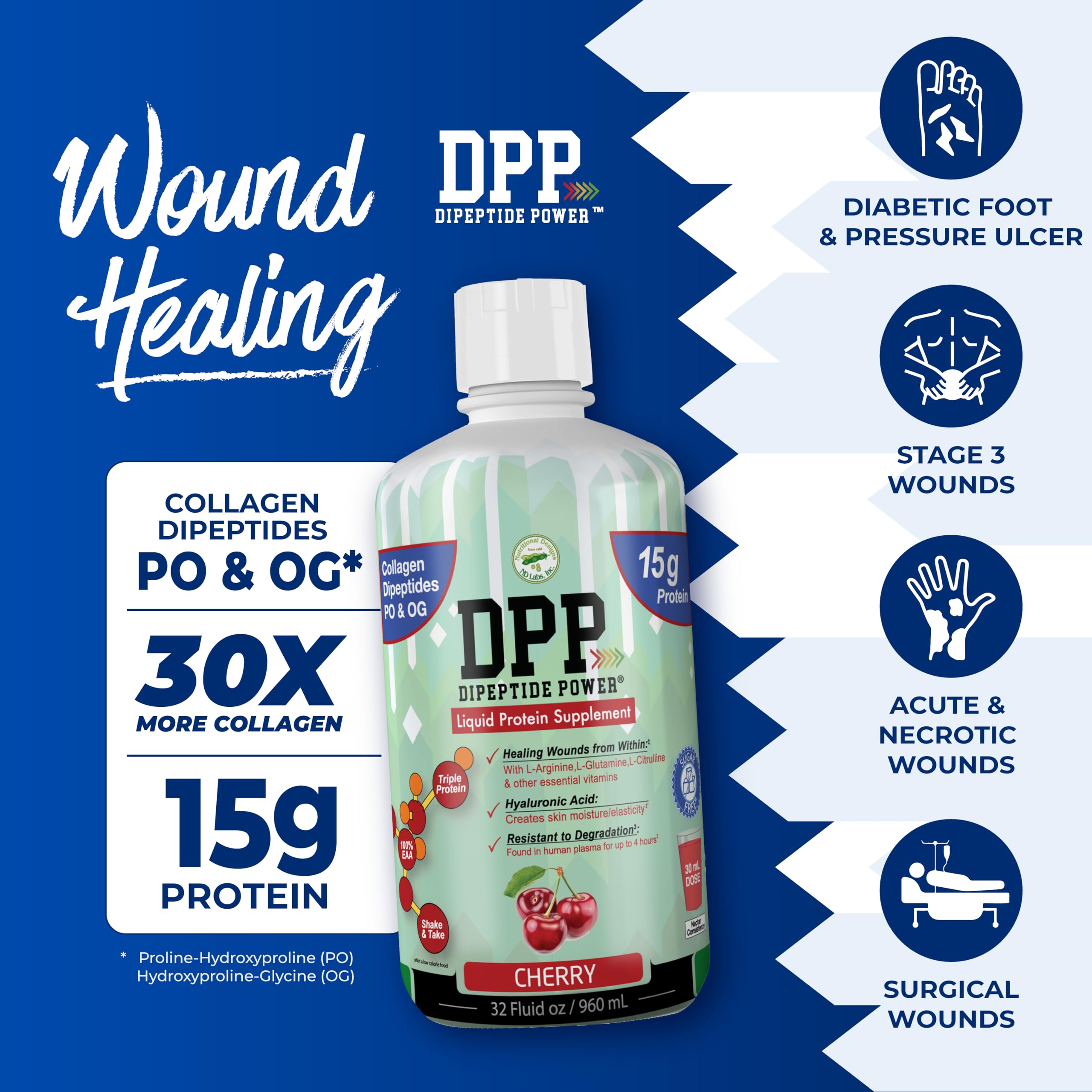 Nutritional Designs DPP Dipeptide Collagen & Whey Protein Supplement - Sugar-Free Wound Healing Liquid for Healthy Skin & Hair - Cherry Flavor 32 Fl Oz Bottle - Perfect for Post-Surgery Recovery & Daily Beauty Regimen
