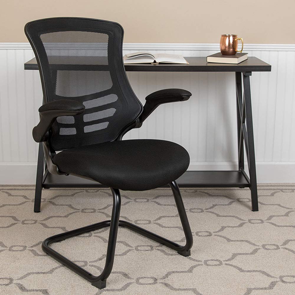 Flash Furniture Kelista Black Mesh Sled Base Side Reception Chair with Flip-Up Arms - Ergonomic Office Guest Seating for Lobby, Waiting Room & Conference Areas