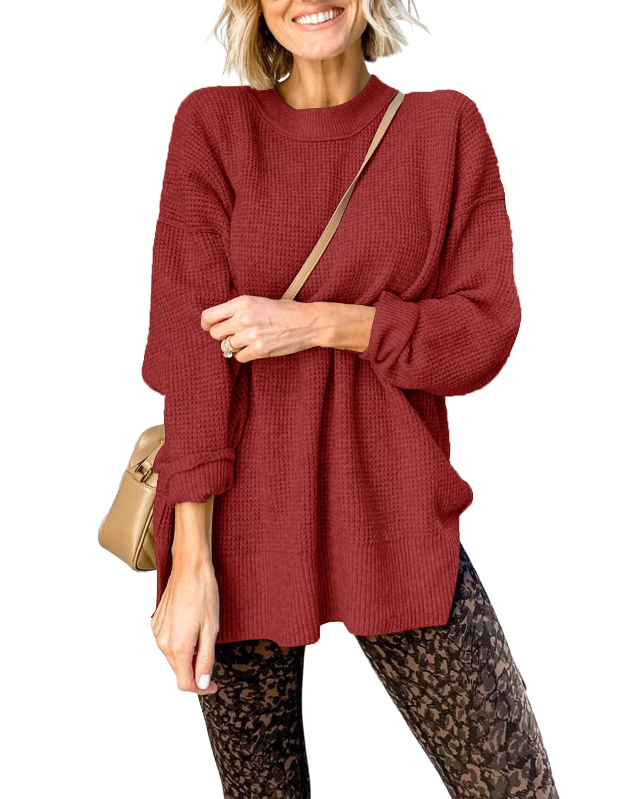 Popheartgo Women's Oversized Waffle Knit Sweater - Crew Neck Long Sleeve Pullover with Side Split | Cozy Winter Jumper Top for Casual Outfits & Layering