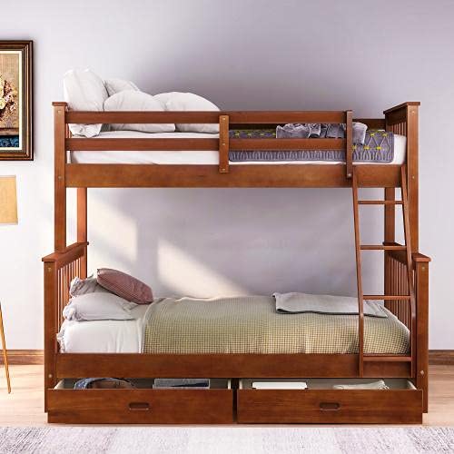 Twin Over Full Bunk Bed with Drawers & Ladder - Solid Wood Bunk Bed with Full-Length Safety Guardrail - No Box Spring Required - Walnut Finish - Perfect for Kids' Bedroom, Guest Room & Space-Saving Solutions