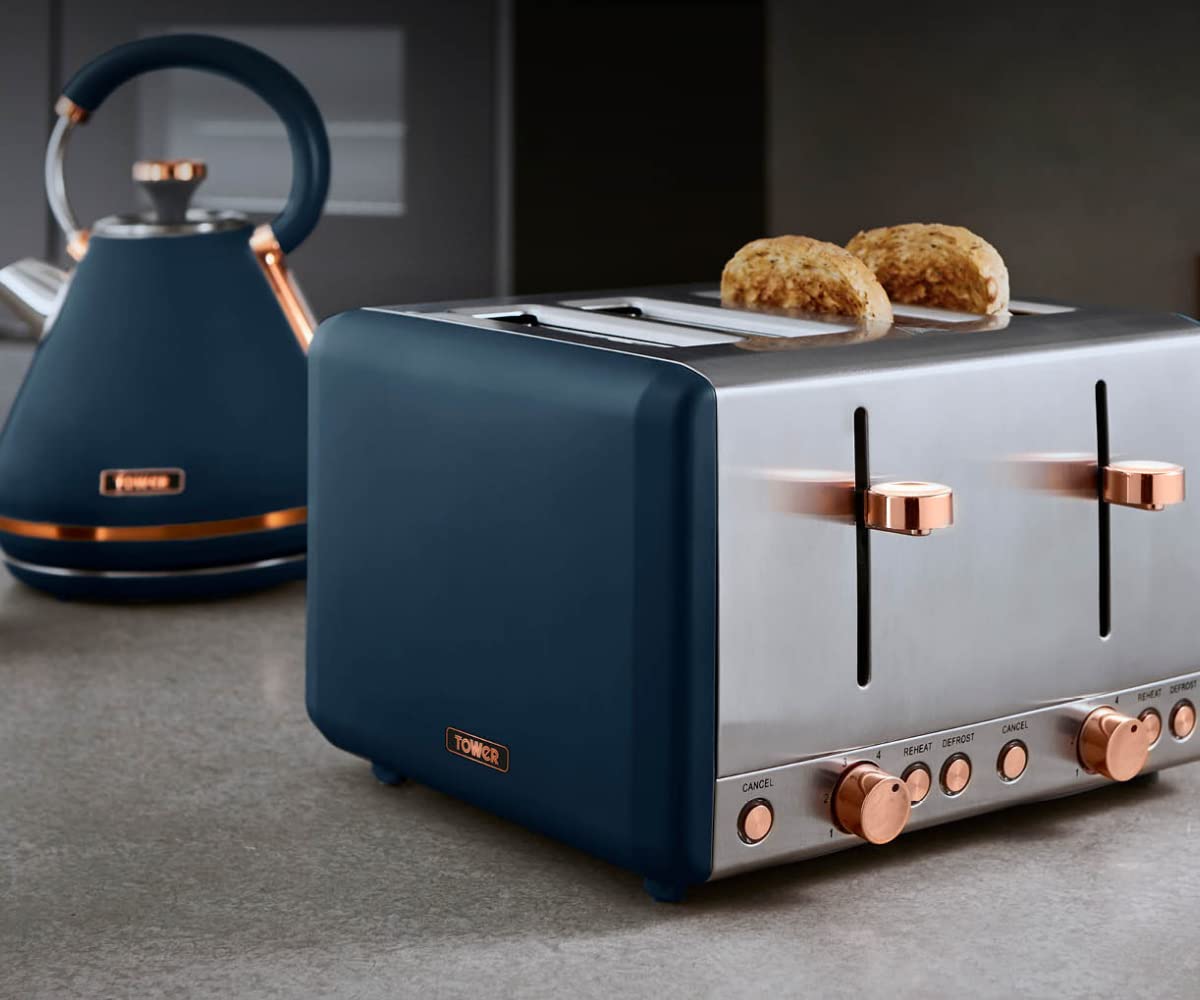 Premium 1.7L 3KW Electric Kettle & 1600W 4-Slice Toaster Set - Midnight Blue & Rose Gold | Fast Boiling & Even Toasting | Perfect for Kitchens, Breakfast Bars & Small Spaces