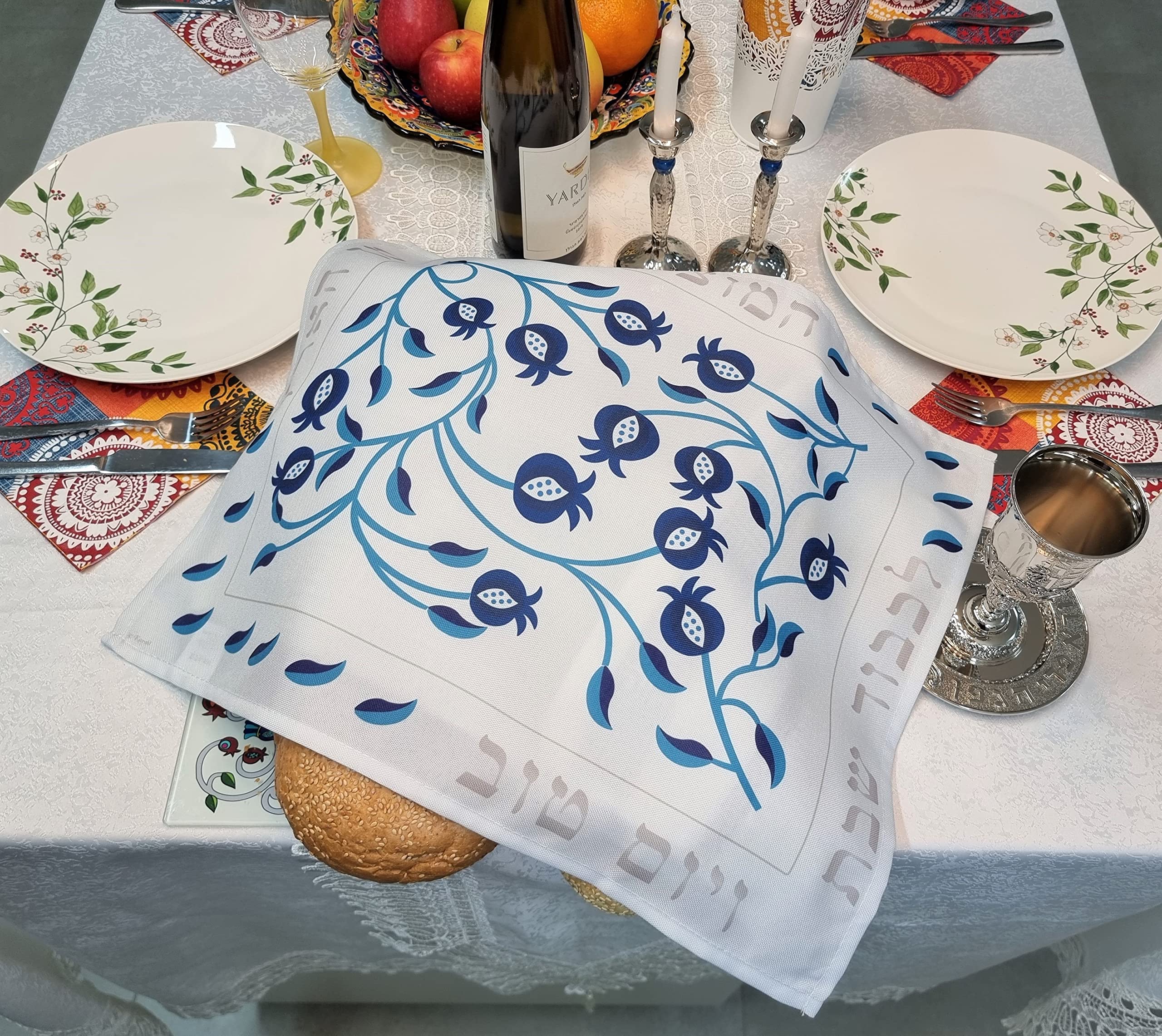 Blue Pomegranate Printed Challah Bread Cover for Shabbat Table - 21 x 17 Inch Hebrew Blessing Judaica Gift - Perfect for Jewish Holidays, Sabbath Celebrations and Home Decor