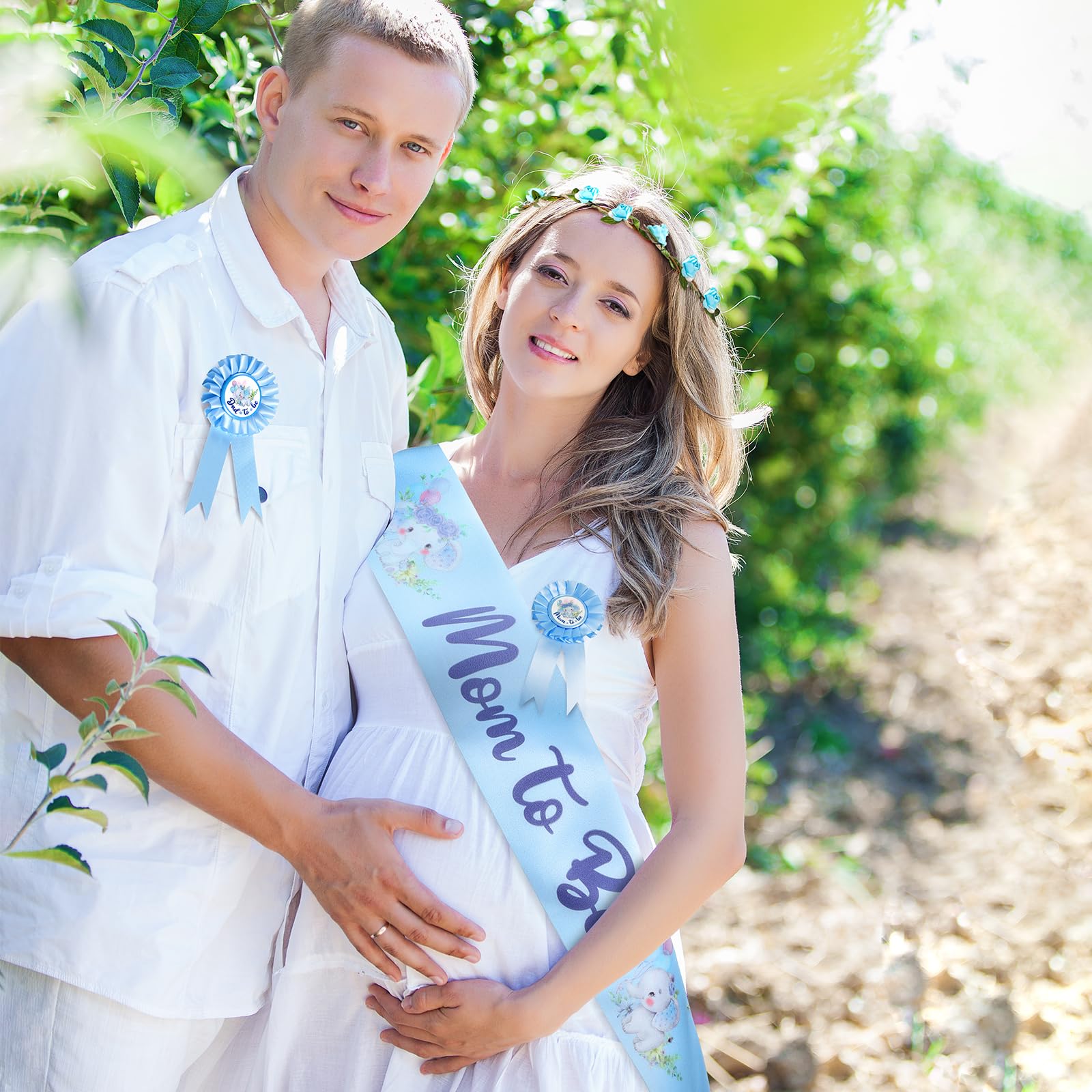 Chunful Elephant Theme Baby Shower Sash Set - Mom to Be Sash & Dad to Be Pin with Flower Crown - Gender Reveal Party Decorations - Baby Shower Favors for Boys & Girls - Pregnancy Props Gift (Blue) - Perfect for Gender Reveal Parties, Baby Showers & Maternity Photos