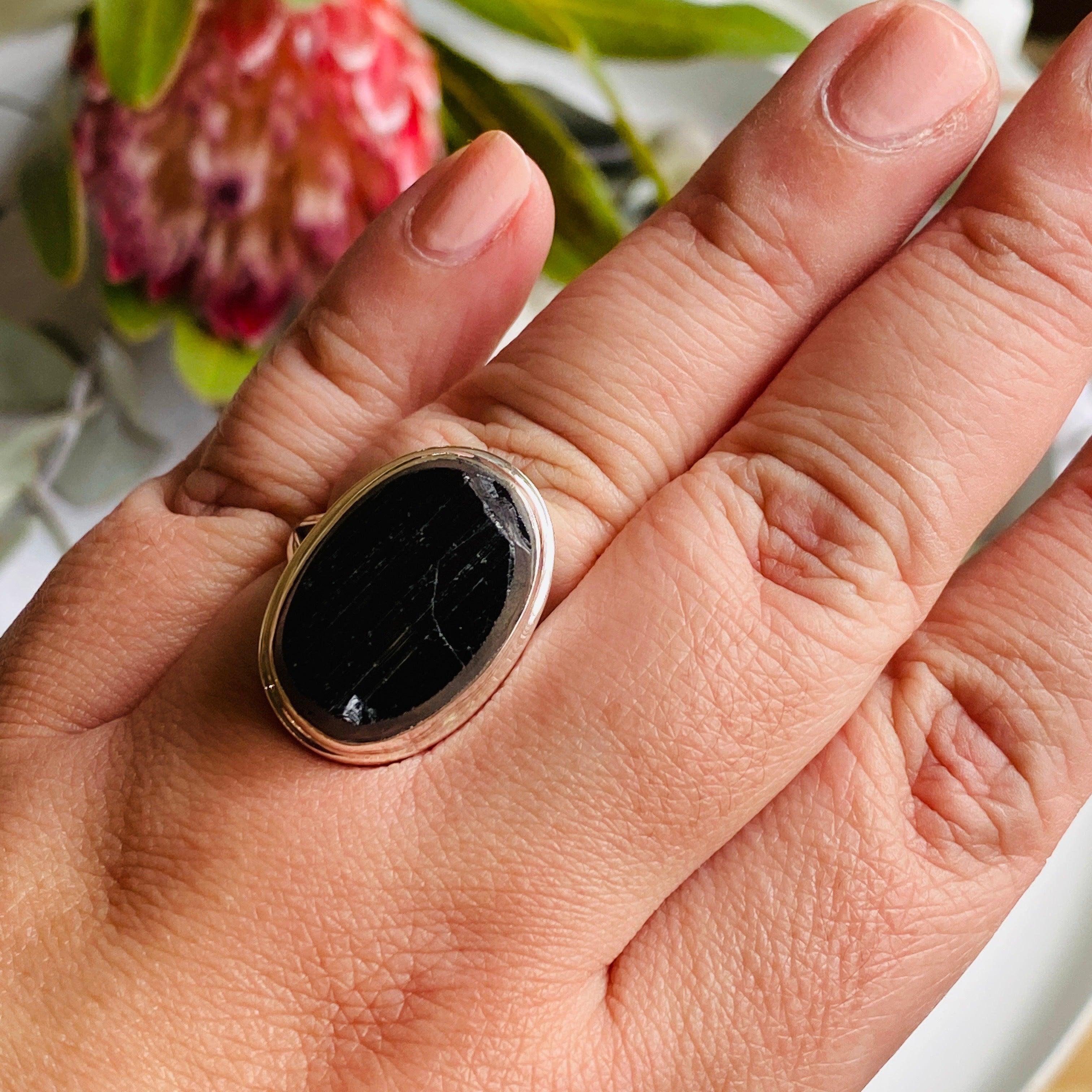 Natural Black Tourmaline Raw Oval Ring - Size 11 KRGJ2247 | Handmade Healing Crystal Jewelry for Protection & Positive Energy - Perfect for Meditation, Yoga & Spiritual Gifts