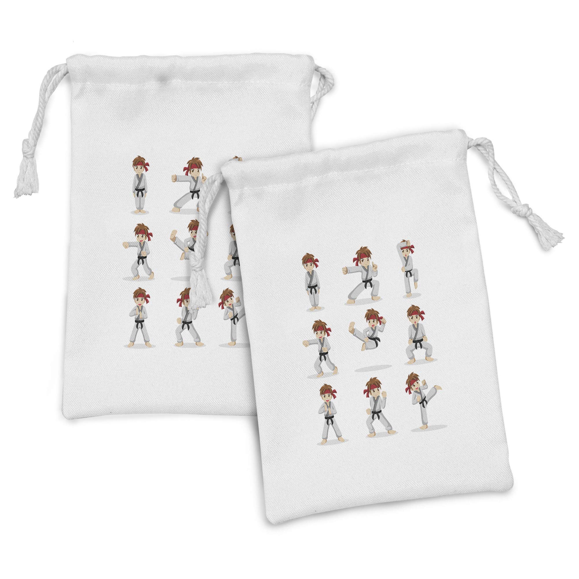 Ambesonne 2-Pack Karate Fabric Pouches - Martial Arts Cartoon Boy in Fight Poses, Small Drawstring Bags for Toiletries, Masks & Party Favors (9