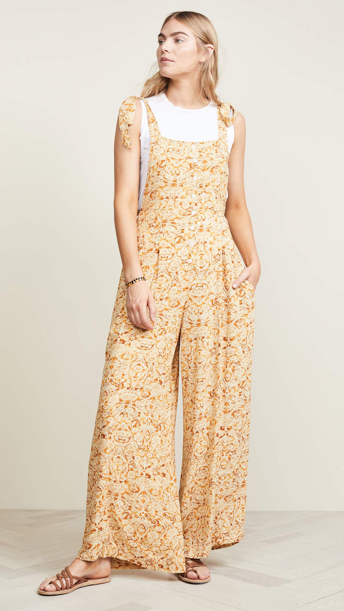 Free People Women's Sugar Sands Jumpsuit - Camel Combo Tan Floral Print Romper (Size Small) | Boho Chic Beachwear for Summer Vacations & Music Festivals