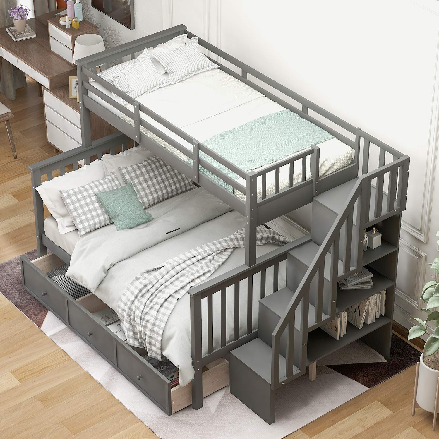 P PURLOVE Twin-Over-Full Bunk Bed with Drawer & Side Storage - Solid Wood Bunk Bed for Kids, Teens & Adults - Space-Saving Solution for Small Bedrooms, Dorm Rooms & Guest Rooms