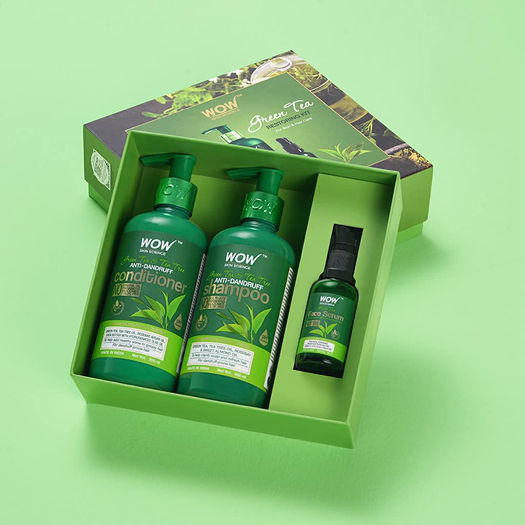 WOW Skin Science Green Tea Restoring Gift Kit for Men & Women - Premium Luxury Skin & Hair Care Set with Shampoo, Conditioner & Face Serum (3-Piece Combo) | Perfect for Diwali Gifts, Spa Days & Self-Care Routines