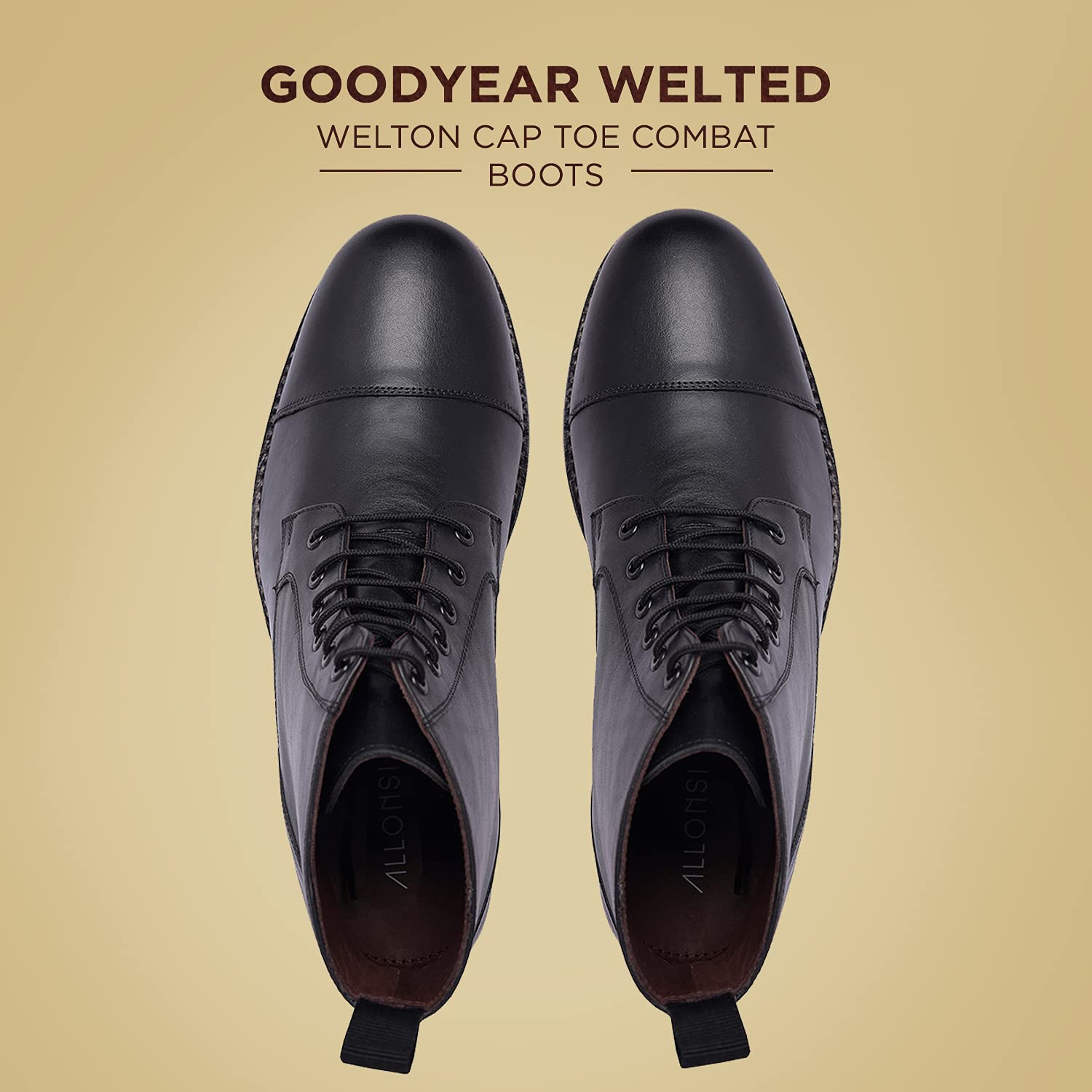 Allonsi Welton Men's Genuine Leather Combat Boots - Goodyear Welted Dress Boots with Comfortable Rubber Sole - Handcrafted Luxury Leather Shoes for Casual Wear & Outdoor Activities